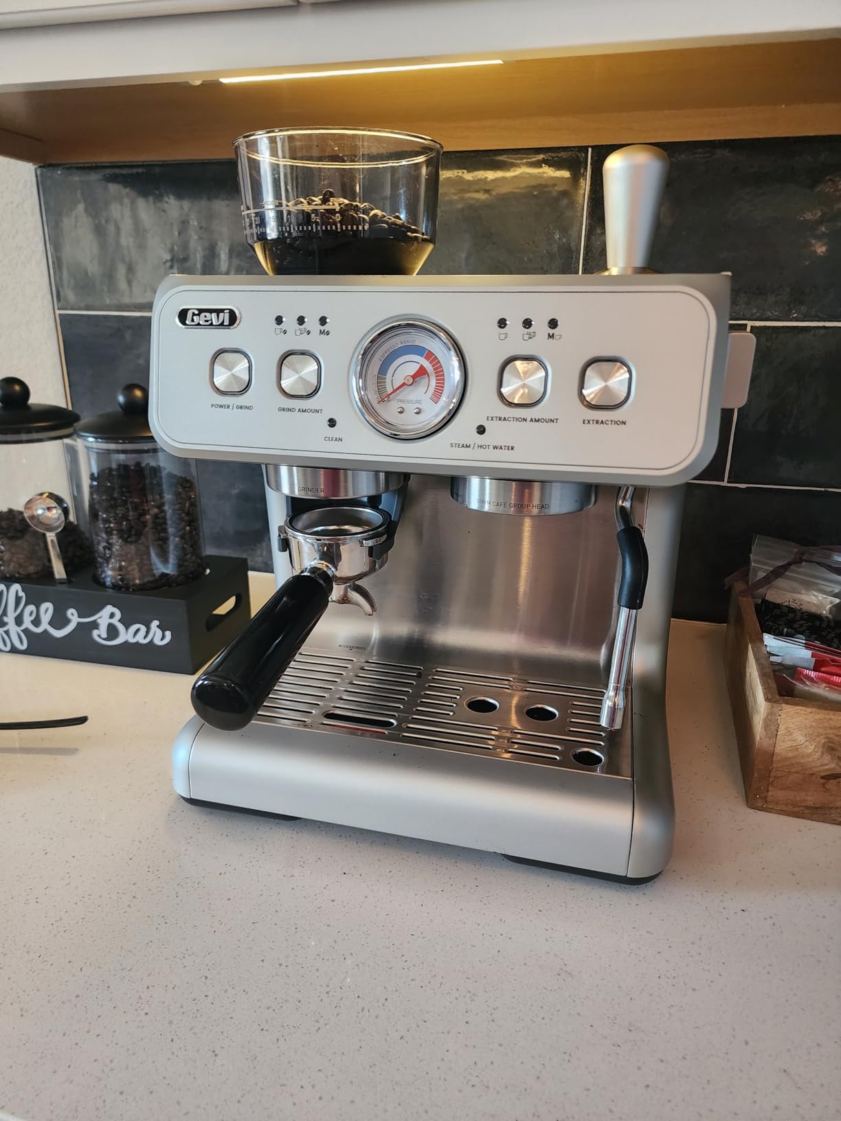 Gevi Dual Boiler Espresso Machine with Built-in Grinder, 58mm Commercial Portafilter, Barista Steam Wand, 31 Grind Settings, Stainless Steel, for Home Barista Use, Sterling Silver customer photo 1