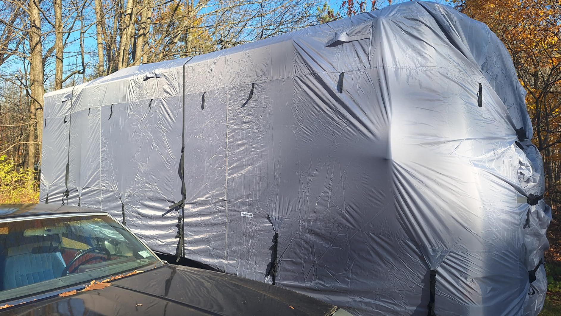 KING BIRD Class A RV Cover, Upgraded Heavy Duty 600D Oxford Camper Cover, 100% Waterproof Anti-UV Windproof Ripstop,Fits 33-37ft, Breathable RV Storage Cover, with 4 Tire Covers & 6 Gutter Covers customer photo 2