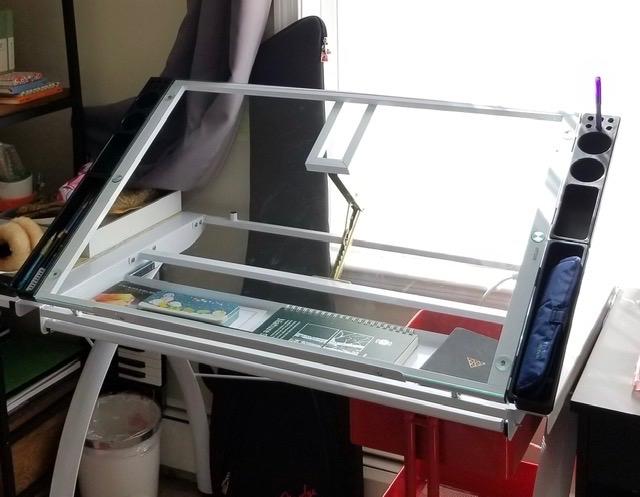 SD Studio Designs 10037 Futura Deluxe Drafting Table with Light Pad Support Bars & Drafting Height Leg Extensions, Silver/Blue Glass customer photo 1