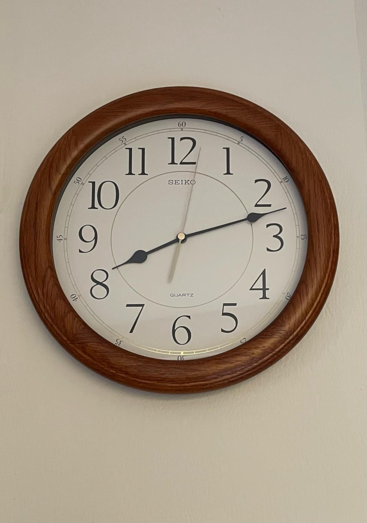 Seiko Wall Clock Quiet Sweep Second Hand Dark Brown Solid Oak Case customer photo 1