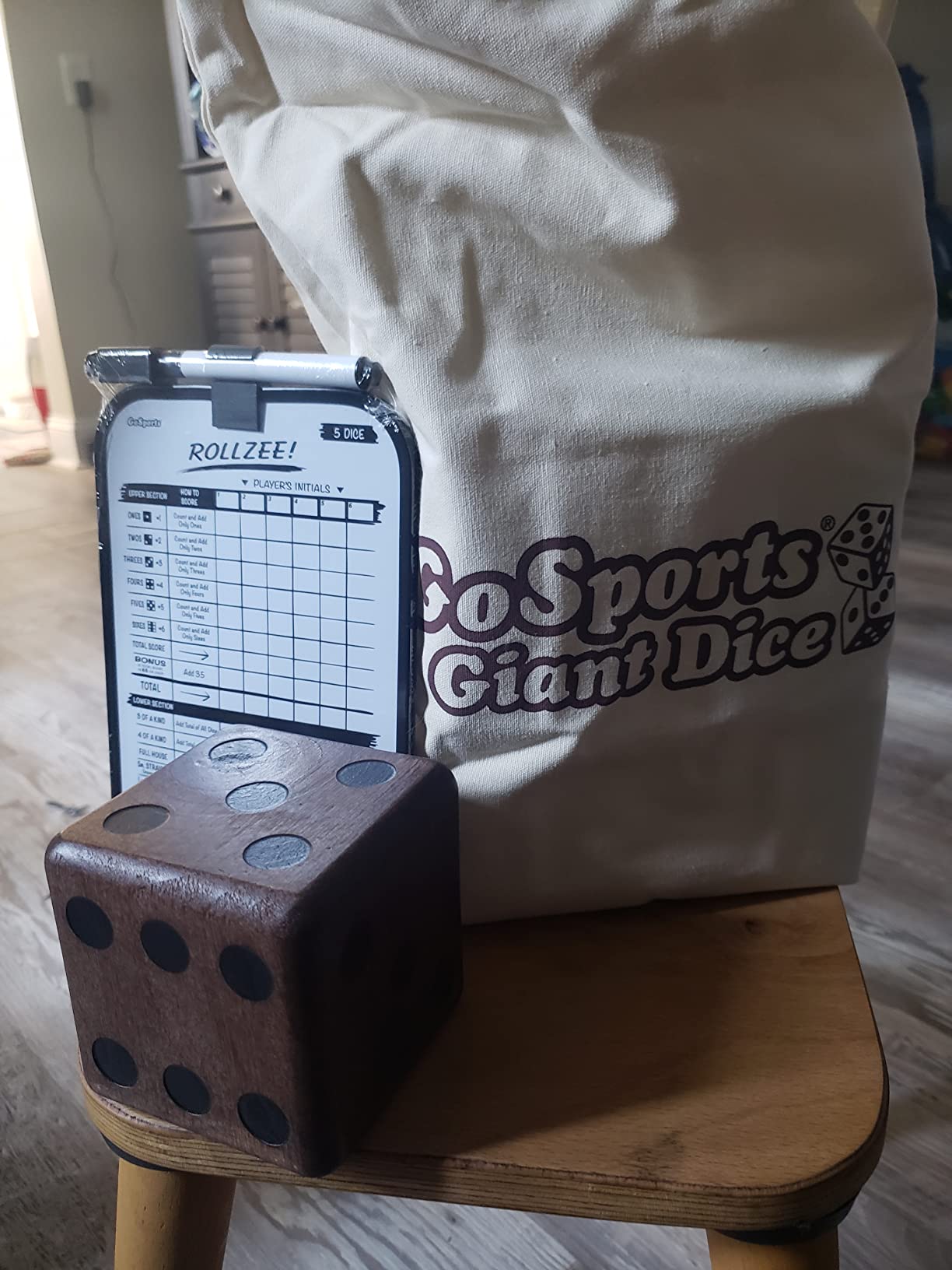 GoSports Giant Wooden Playing Dice Set with Rollzee and Farkle Scoreboard - Includes 6 Dice, Dry-Erase Scoreboard and Canvas Tote Bag - Choose 2.5 Inch or 3.5 Inch Dice customer photo 2