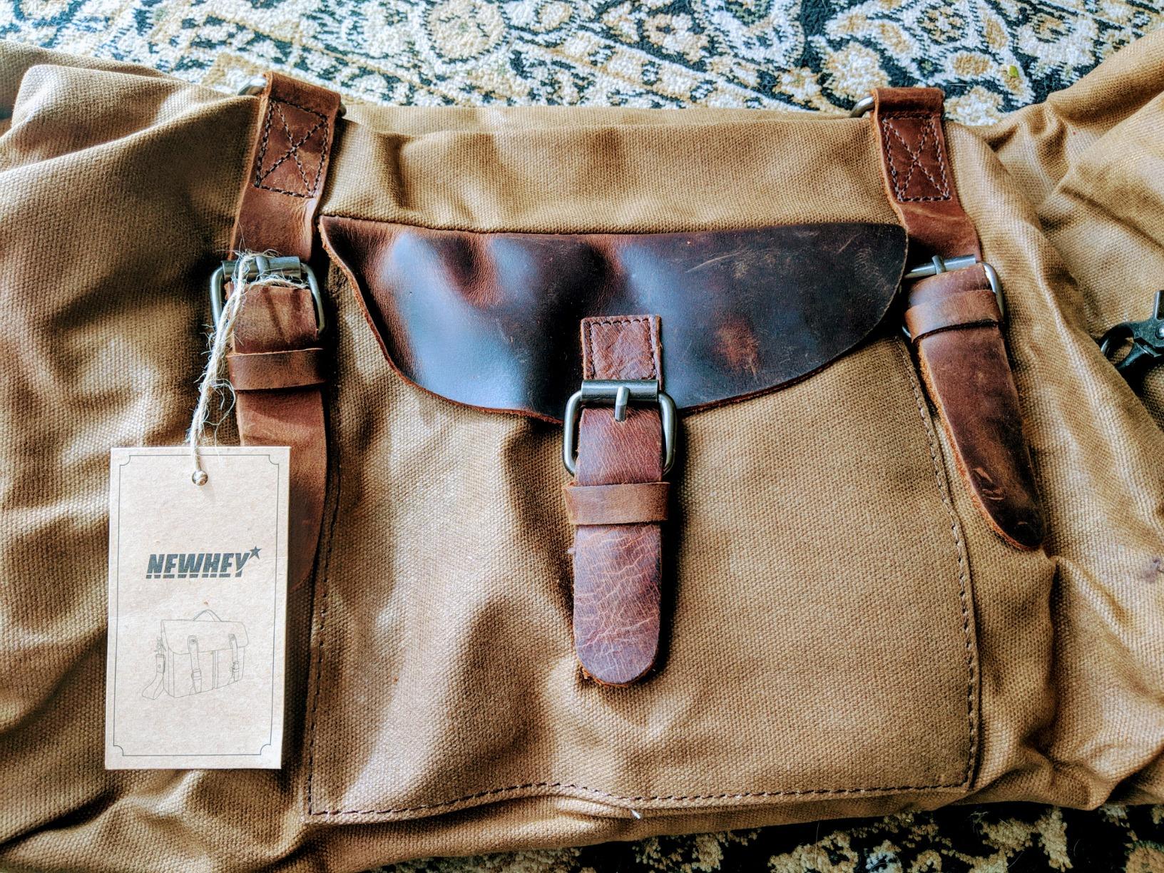 NEWHEY 55L Travel Duffel Bag, Waterproof Waxed Canvas & Leather Weekender Bag for Men, Large Carry-on Overnight Bag for 4-5 Day Business Trips & Weekend Getaways, Brown customer photo 2