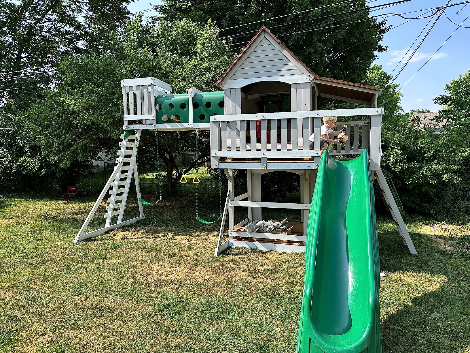 Backyard Discovery Woodridge Elite Cedar Wood Swing Set with Wave Slide, Clubhouse, Crawl Tunnel, Crow's Nest, Belt Swings, Trapeze, Rock Wall Ladder, Sandbox, Wrap-Around Porch, Deck, Outdoor Playset customer photo 2