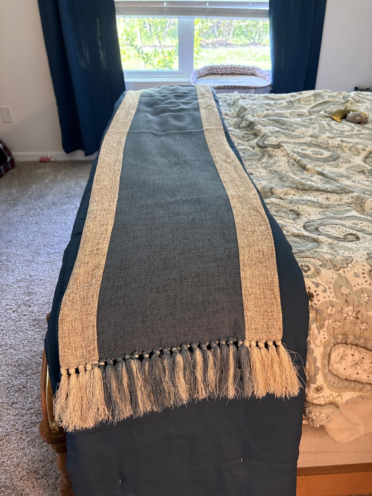 Heavy Rustic Table Runner with Fringe - Blue Linen Table Runner for Dining & Living Room - Boho Farmhouse Style - Washable - Wide 15 x 71 Inch customer photo 2