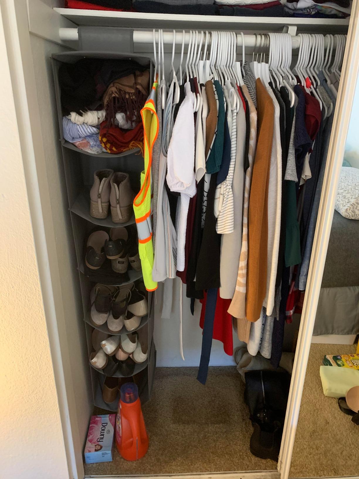 Amazon Basics 6-Tier Hanging Closet Shelf Organizer with Pockets, Clothes Storage for Sweaters and Clothing, Grey customer photo 2