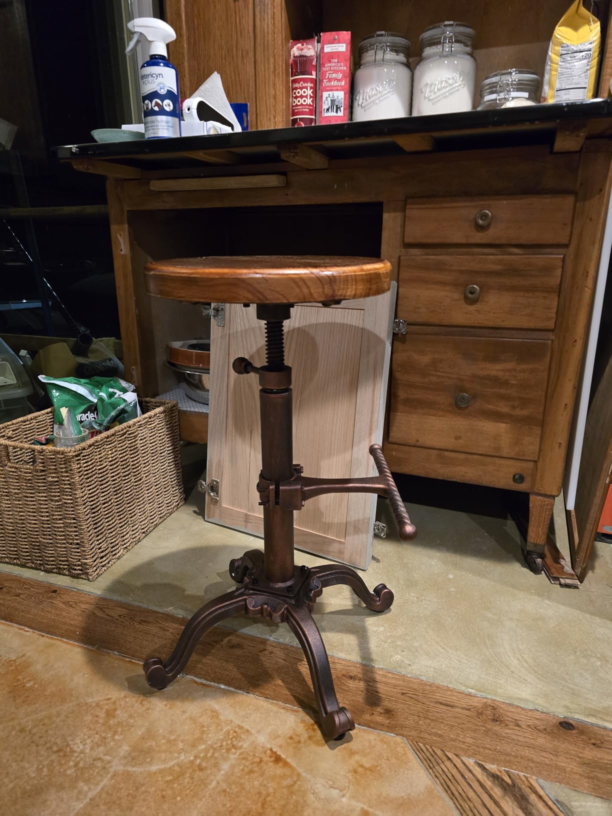 Topower Industrial Retro Vintage Farm Wooden Tractor Stool Kitchen Swivel Height Adjustable Bar Stool (Copper) customer photo 2