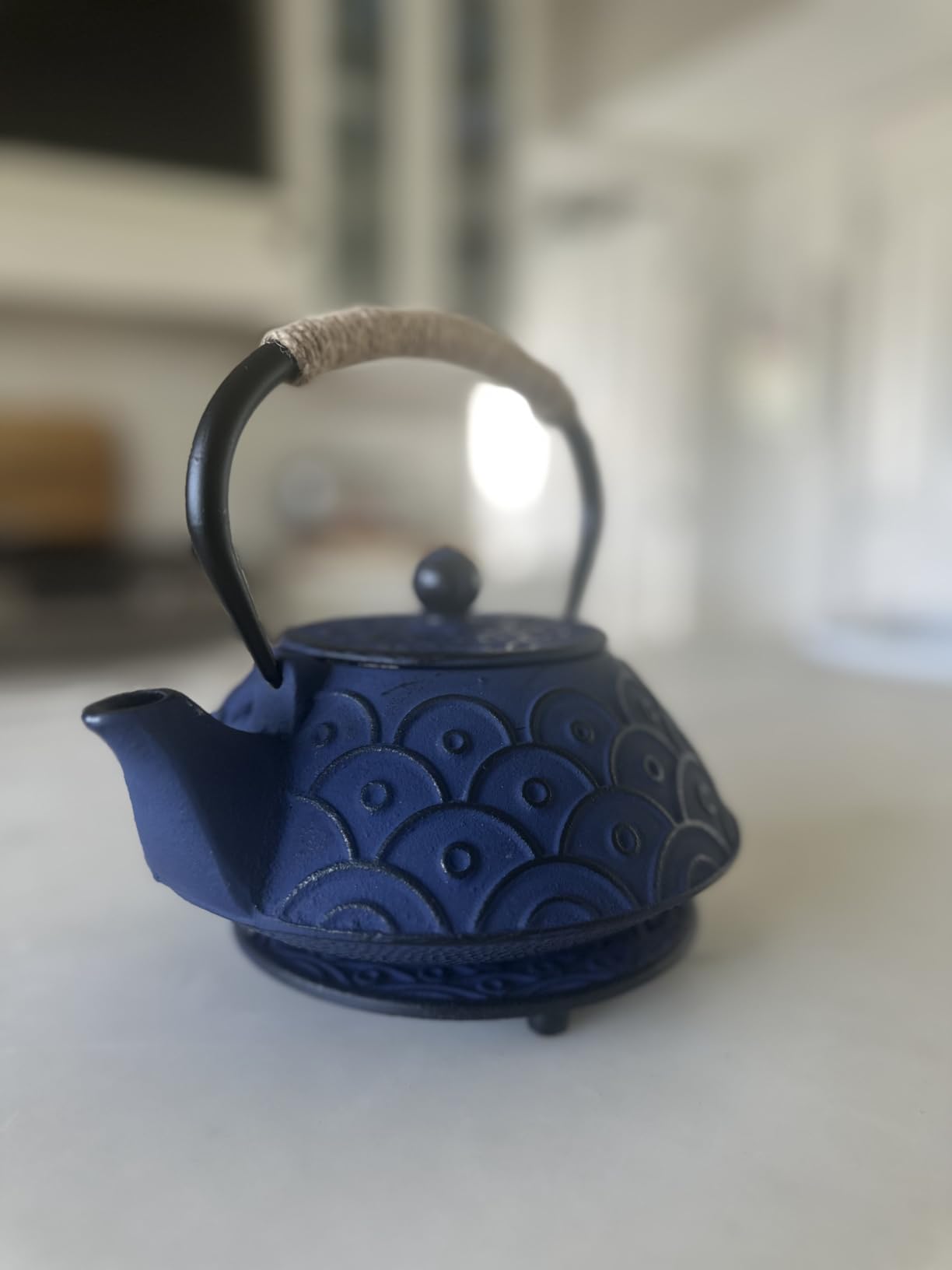 Japanese Style Cast Iron Teapot Set with 4 Tea Cups Iron Tea Kettle with Infuser Hemp Rope Trivet Asian Gift for Adults Parents (Fish Scale Pattern, Blue, Anti Rust) customer photo 1
