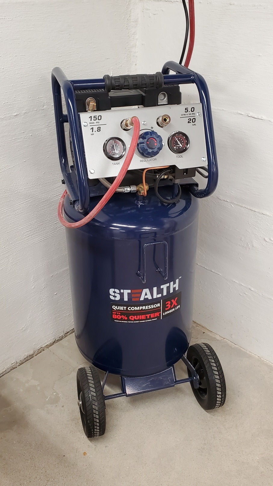 Stealth 20 Gallon Ultra Quiet Air Compressor, 1.8 HP Oil-Free Peak 150 PSI 68 Decibel, 5.5 CFM @ 40 PSI 5 CFM @ 90 PSI Silent Long Life Electric Air Compressor W/Wheel for Garage customer photo 1