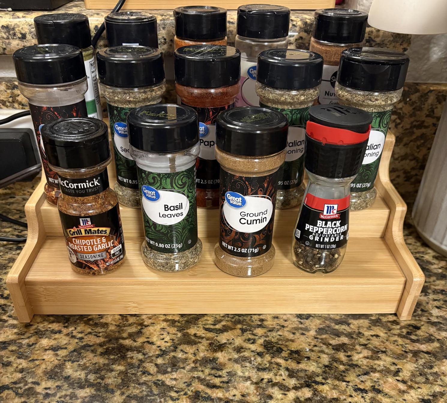 Spice Rack Kitchen Cabinet Organizer - 3 Tier Bamboo Expandable Display Shelf customer photo 2