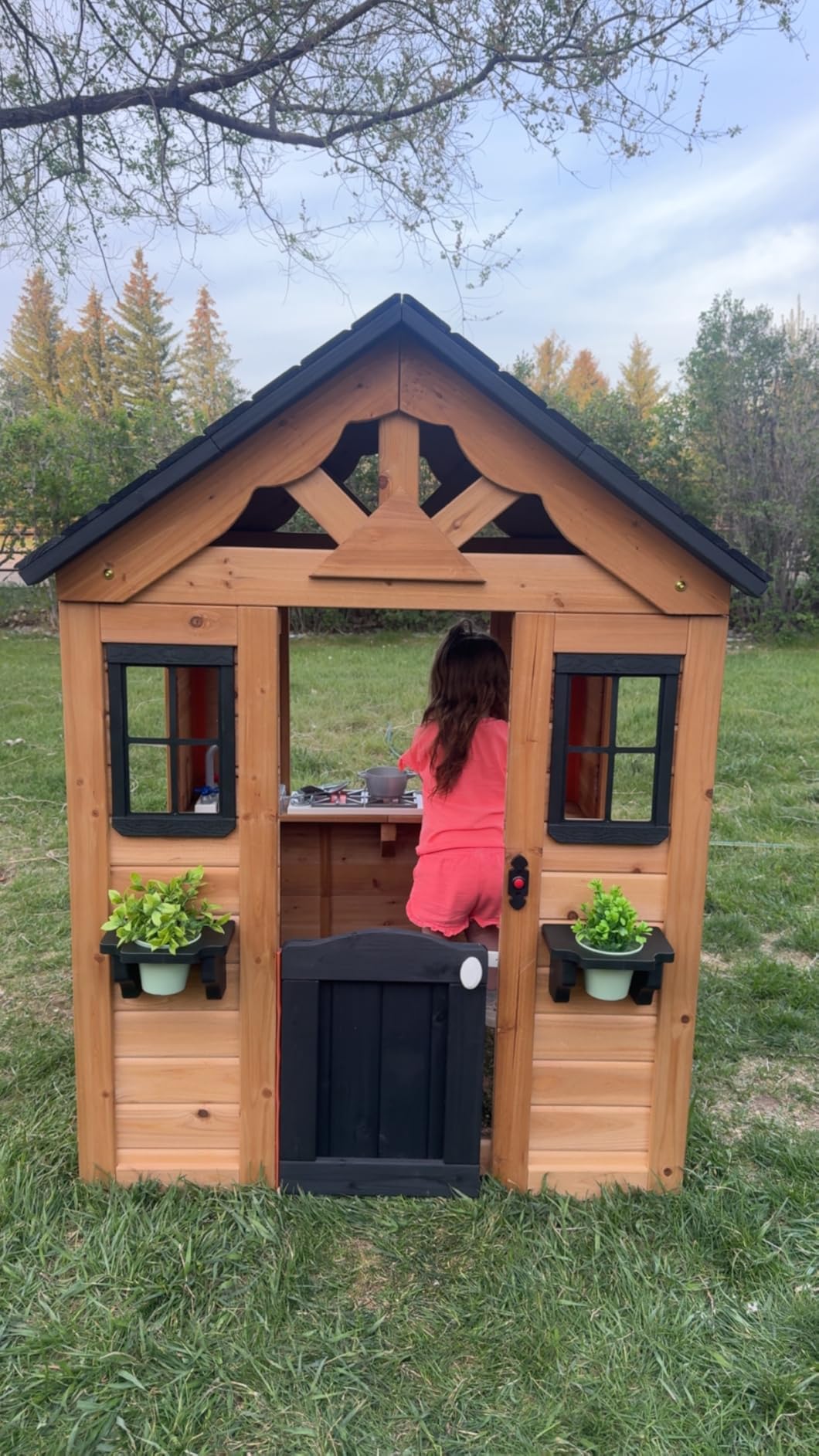 Backyard Discovery Sweetwater Cedar Wooden Kids Playhouse Cottage with Play Kitchen, Snack Bar, Half Door, Toy Phone, Windows, Flowerpot Holders, and Working Doorbell for Outdoor Imaginative Play customer photo 2