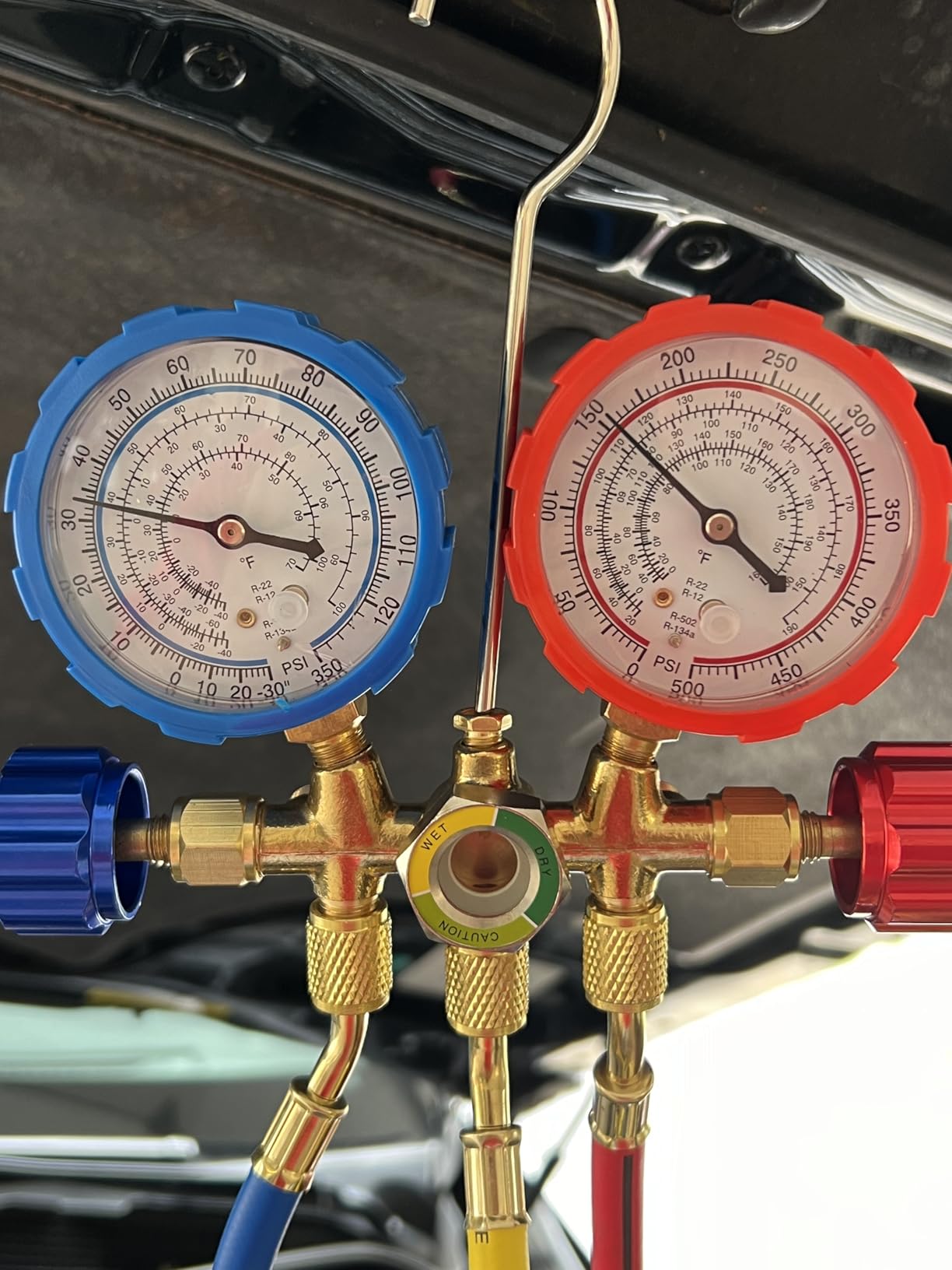 3 Way AC Manifold Gauge Set, Fits for R134A R12 R22 and R502 Refrigerants, with 5FT Hose, Acme Tank Adapters, Quick Couplers and Can Tap customer photo 1