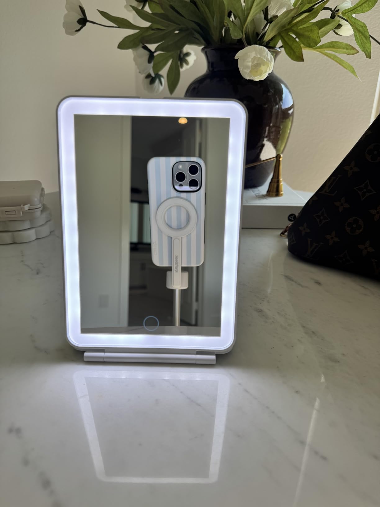 FUNTOUCH Rechargeable Travel Makeup Mirror with 72 Led Lights, Portable Lighted Beauty Mirror, 3 Color Lighting, Dimmable Touch Screen, Tabletop LED Folding Cosmetic Vanity Mirror customer photo 1