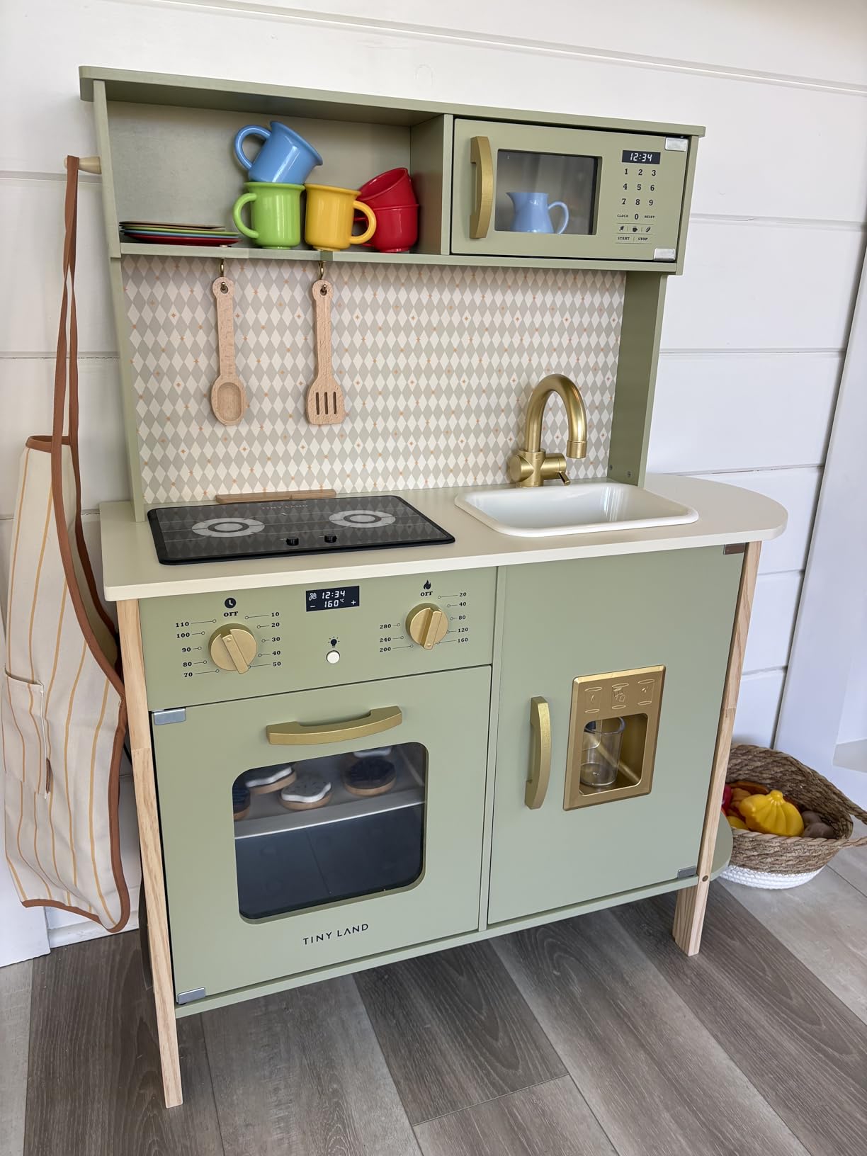 Tiny Land Play Kitchen for Kids, Wooden Kids Play Kitchen Playset Chef Pretend Play Set for Toddlers with Real Lights & Sounds, Toys Kitchen with 18 Pcs Toy Food & Cookware Accessories customer photo 2