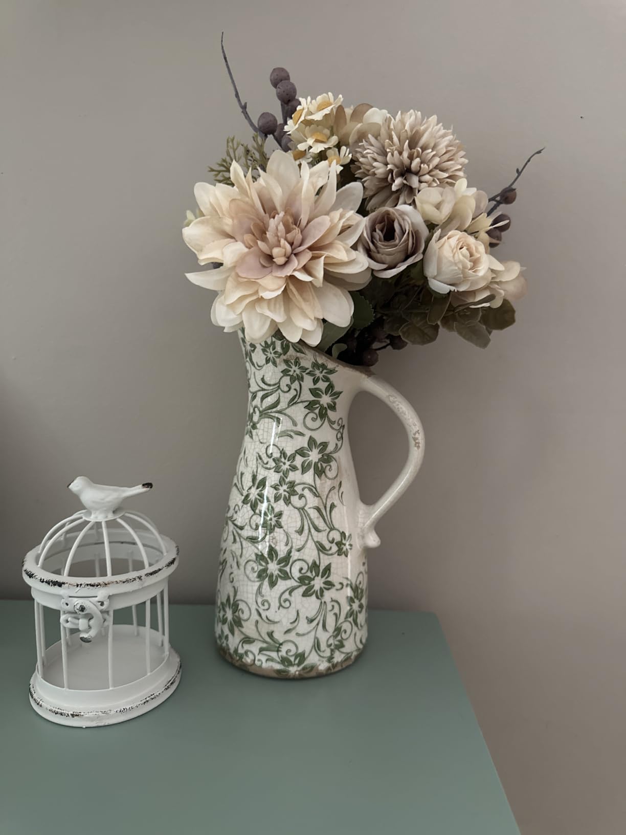 Nearly Natural 10in. Tuscan Ceramic Pitcher Vase, Green Scroll Design, Decorative Flower Vase for Home Decor, Living Room, Mantel & Entryway customer photo 1