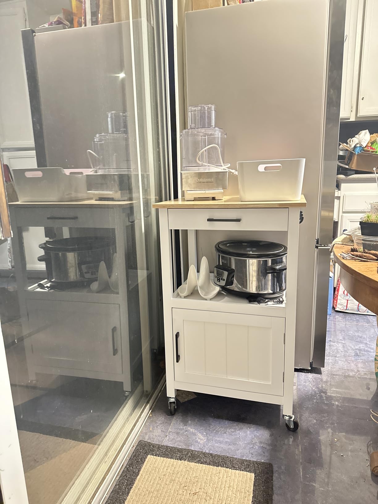 Yaheetech Kitchen Island Cart with Storage, Rolling Kitchen Island on Wheels with 6 Side Hooks, Wood Top Microwave Cart with Drawer for Dining Room, White customer photo 2