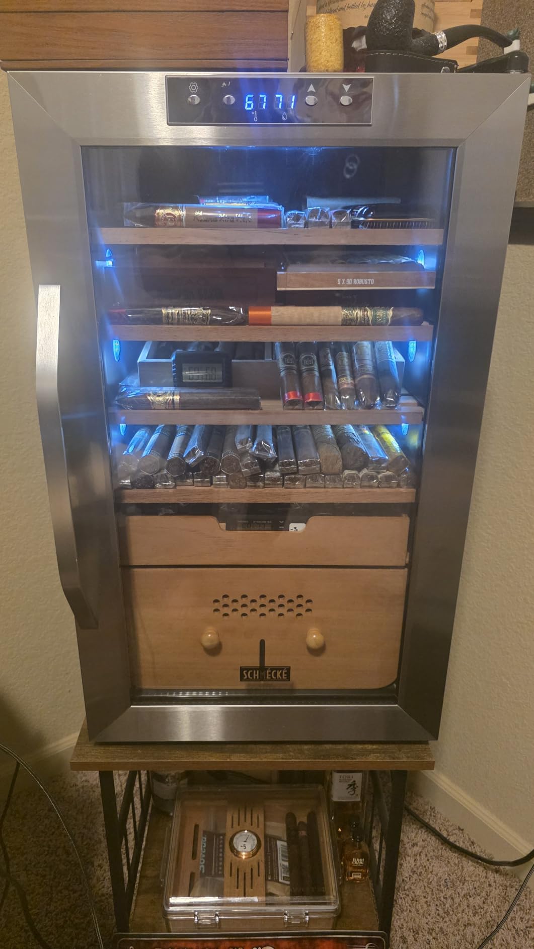 SCHMÉCKÉ 250 Cigar Cooler Humidor with 3 in 1 Precise Cooling, Heating & Humidity Control, Stainless Steel Trim Finish Cabinet, Spanish Cedar Wood Shelves and Drawer with Built in Digital Hygrometer customer photo 2