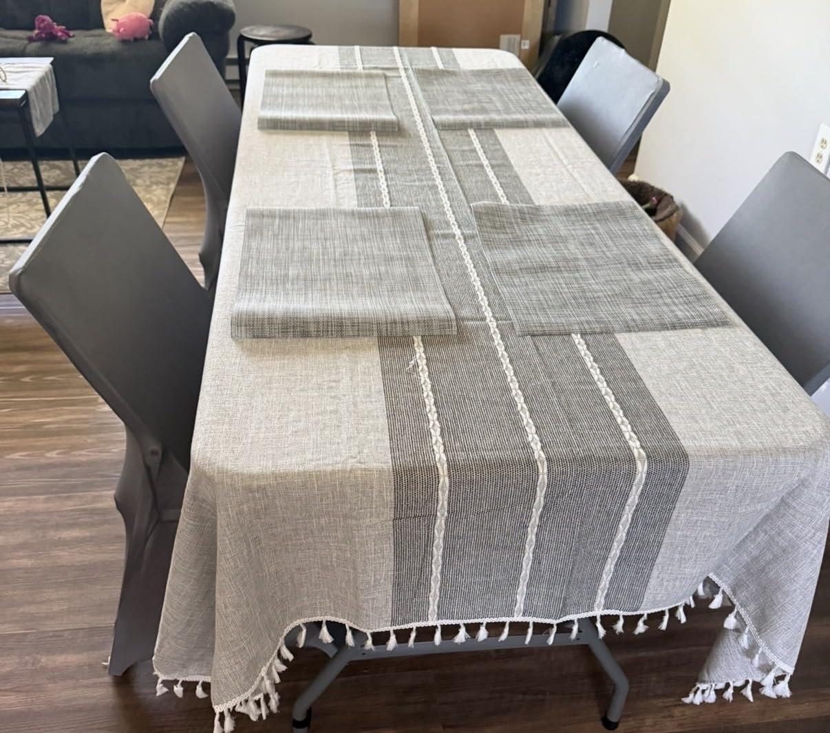 Laolitou Rustic Tablecloth Cotton Linen Waterproof Farmhouse Tablecloth Burlap Table Cloths for Kitchen Dining (Rectangle, 55''x70'', 4-6 Seats, Coffee Lines) customer photo 1