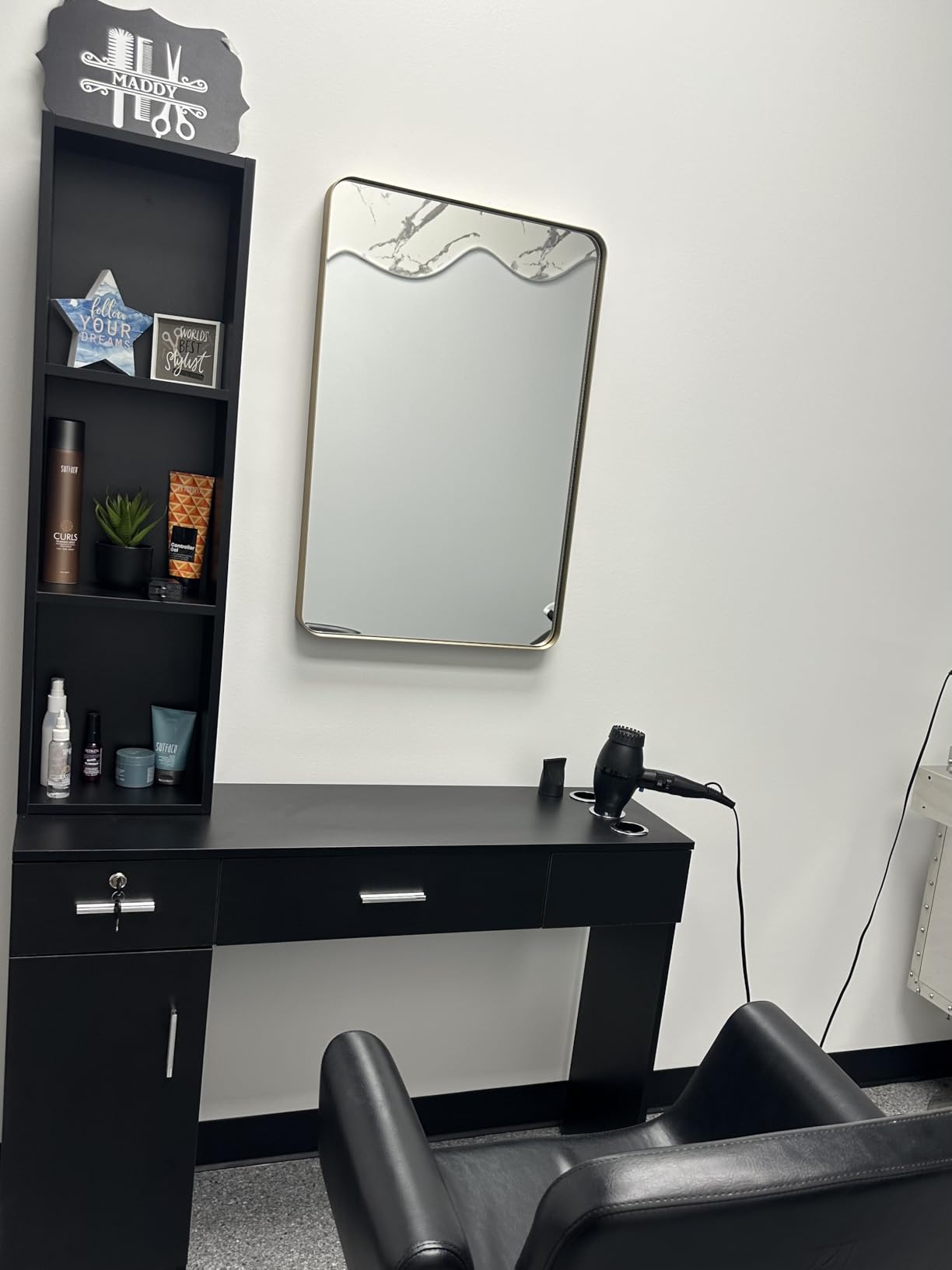 OmySalon Salon Stations for Hair Stylist, Locking Barber Station Organizer, Wall Mount Hair Styling Equipment with 2 Drawers, 1 Storage Cabinet, 3 Open Shelves, for Beauty Spa Hairdresser, Black customer photo 2