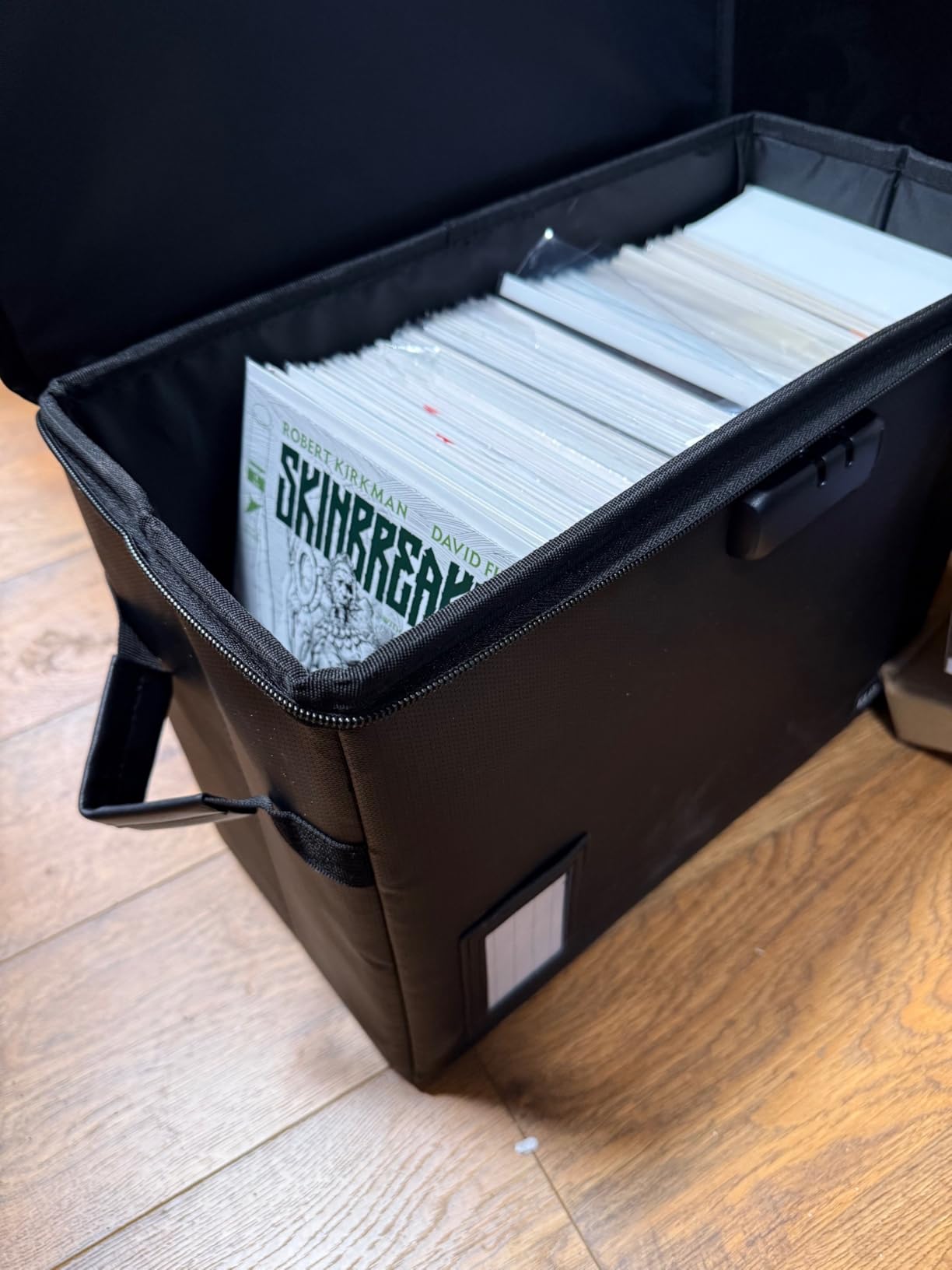 Comic Book Storage Box, Fireproof & Water-Resistant Comic Book Box with Lock and Label Window, Moistureproof Comic Short Box with Fire Zipper Holds 150-175 Comics, Heavy Duty Bin Black customer photo 2