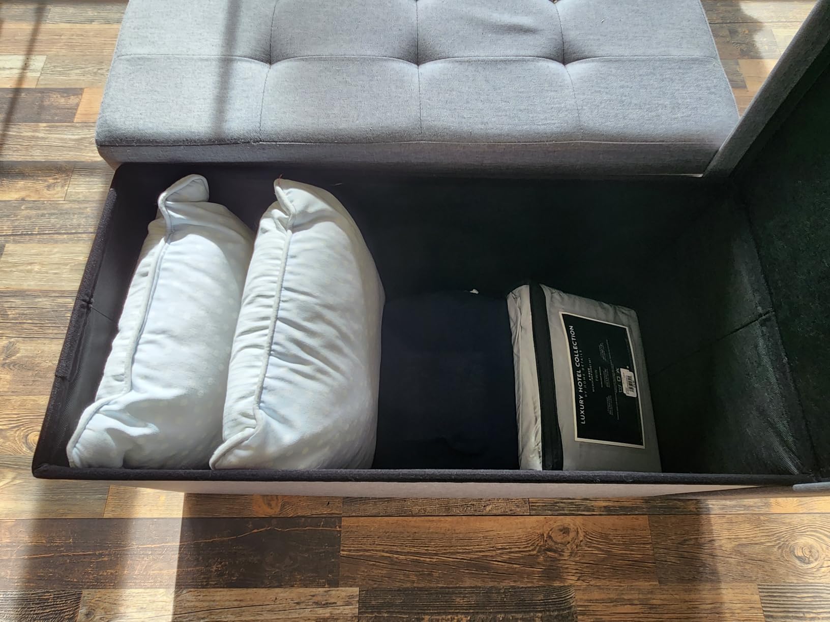 SONGMICS MAZIE Collection - 43 Inches Folding Storage Ottoman Bench, Ottoman Foot Rest, End of Bed Bench, Storage Chest, Load 660 lb, for Living Room, Bedroom, Entryway, Ink Black ULSF077B01 customer photo 2