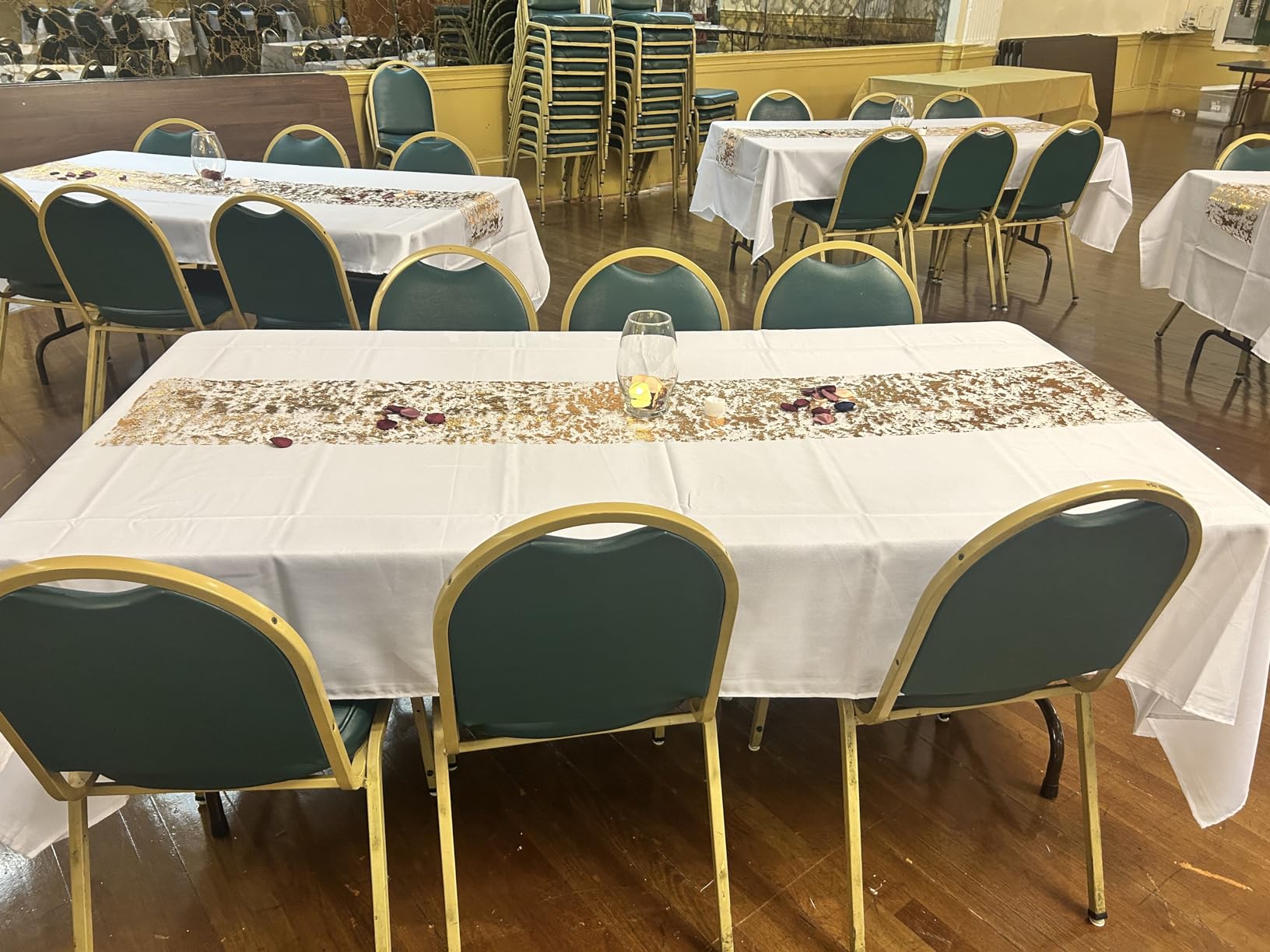 Snowkingdom 2 Pieces Gold Table Runner, Sequin Glitter Foil Metallic Thin Mesh Runner Roll 11