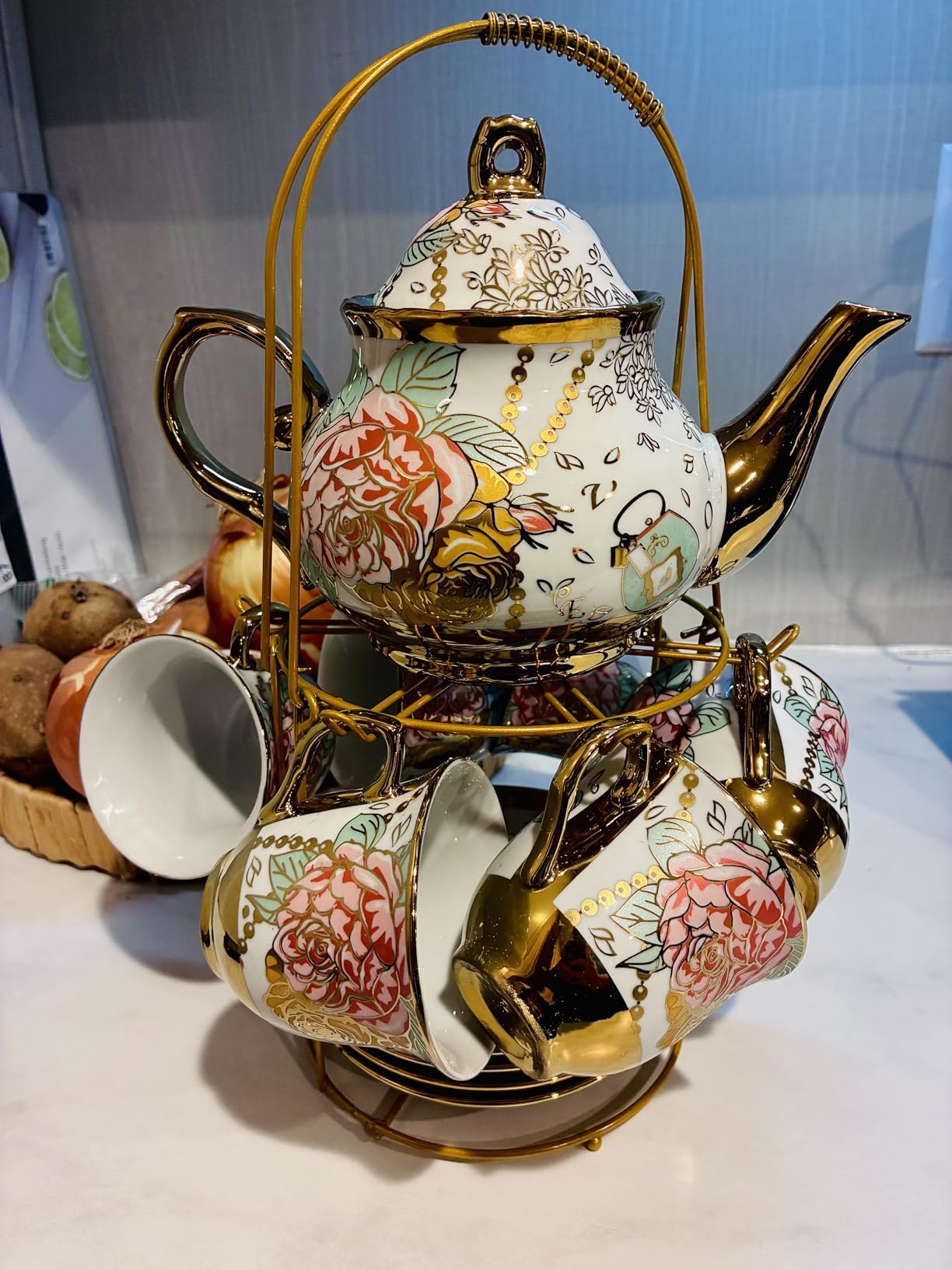 CHANJOON Gold Plated Red Rose Ceramic Tea Set, Vintage Tea Sets with Teapot, Beautiful Tea Set Coffee Serving 6 People customer photo 1