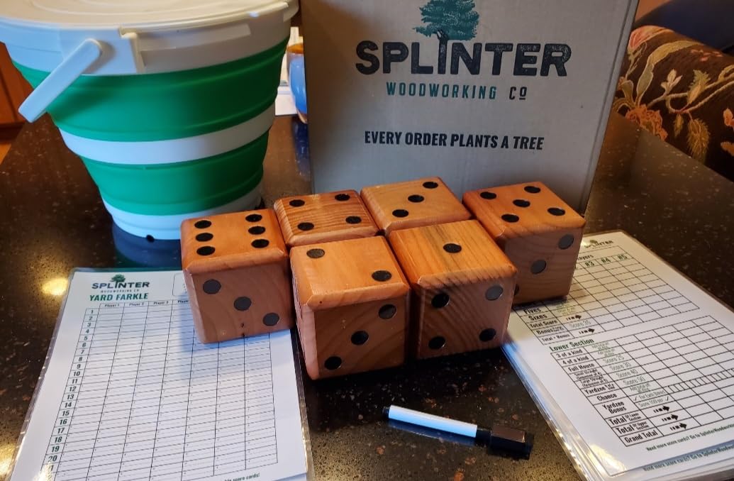 SWOOC Yardzee, Farkle & 20+ Games - Light-Weight Yard Dice Game Set (All Weather) with Collapsible Bucket, 5 Big Laminated Score Cards, and Marker (Choose 2.5in or 3.5in Dice) Yard Games customer photo 2