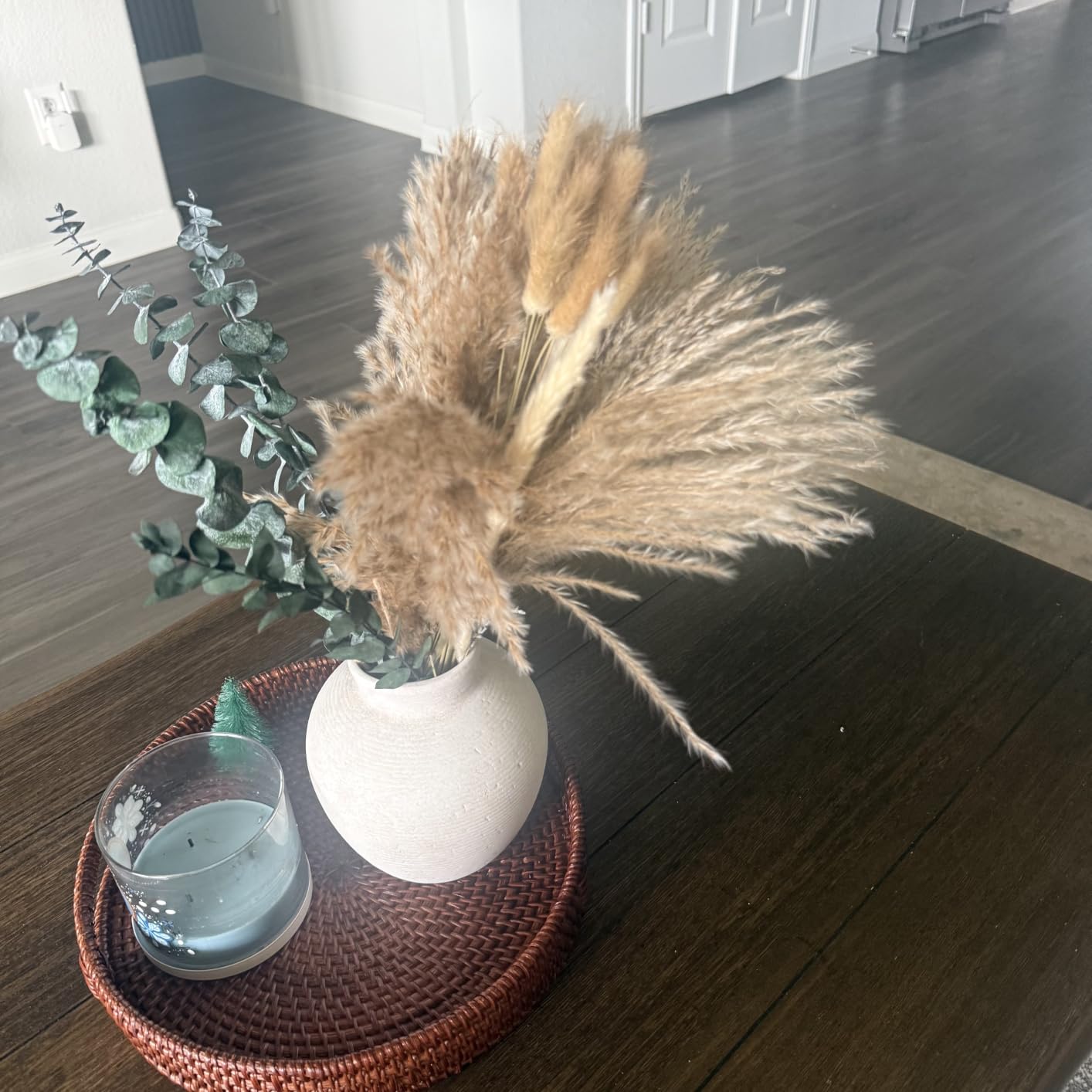 13.8 inch Round Rattan Tray, Decorative Coffee Table Tray, Ottoman Tray, Woven Serving Tray with Handles, Wicker Serving Basket, Whitewash customer photo 1