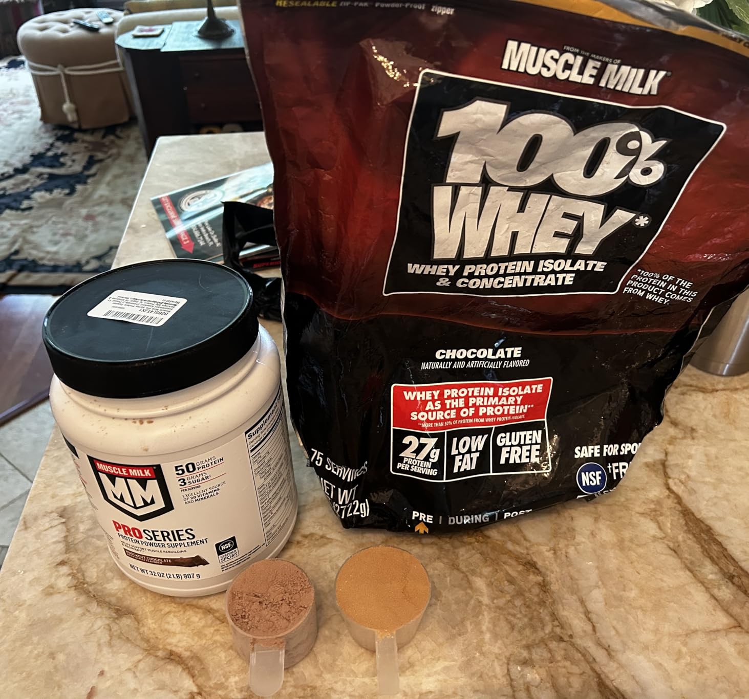 Muscle Milk Pro Series Protein Powder Supplement, Knockout Chocolate, 2 Pound, 11 Servings, 50g Protein, 3g Sugar, 20 Vitamins & Minerals, NSF Certified for Sport, Workout Recovery, Packaging May Vary customer photo 1
