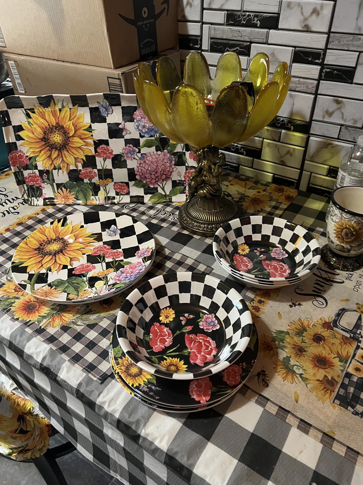 LEHAHA Sunflower 12-Piece Melamine Dinnerware Set Include Plates/Dishes and Bowls, Service for 4, BPA Free and Unbreakable Black Plaid Floral Dish Set for Indoor and Outdoor Use customer photo 1