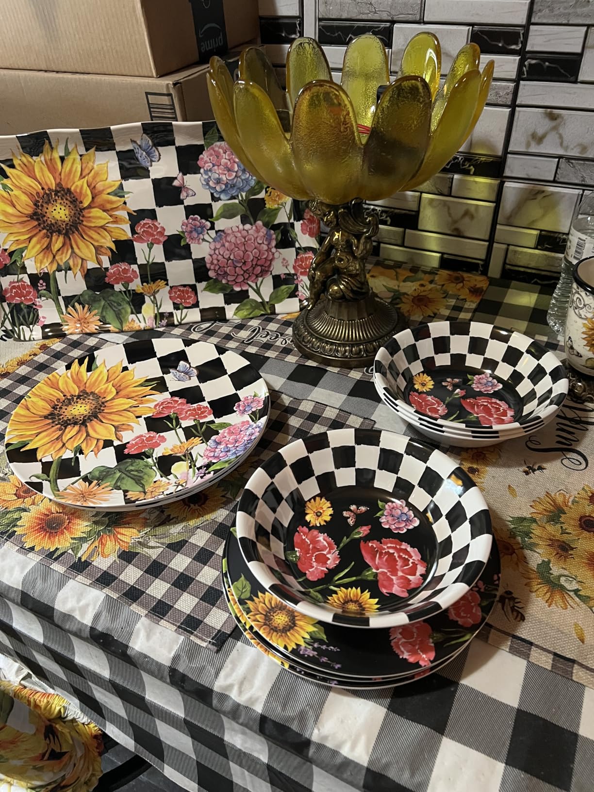 LEHAHA Sunflower 12-Piece Melamine Dinnerware Set Include Plates/Dishes and Bowls, Service for 4, BPA Free and Unbreakable Black Plaid Floral Dish Set for Indoor and Outdoor Use customer photo 2