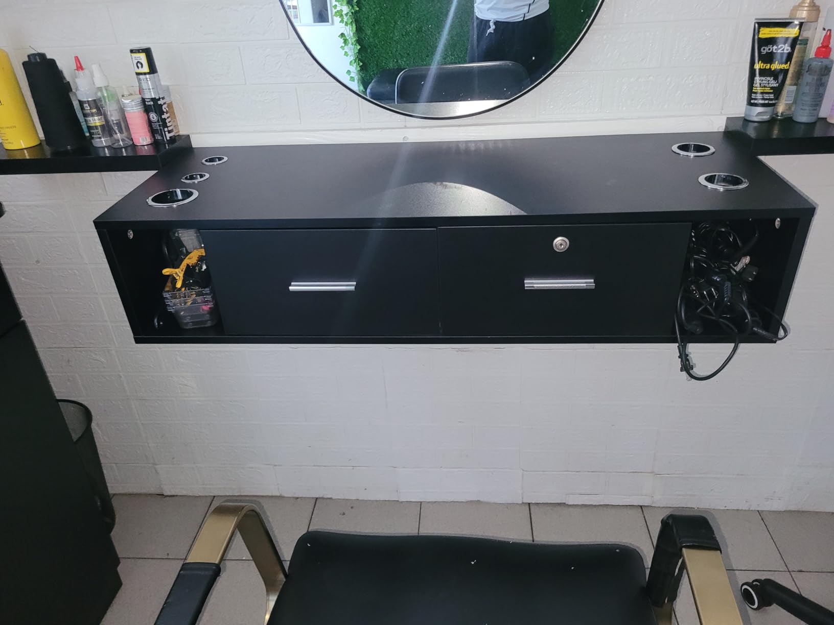 OmySalon Wall Mount Styling Station for Hair Stylist, Beauty Barber Spa Equipment, Salon Cabinet Station with Locking Drawers, Bathroom Dresser with 5 Hair Dryer Holders, Black customer photo 2