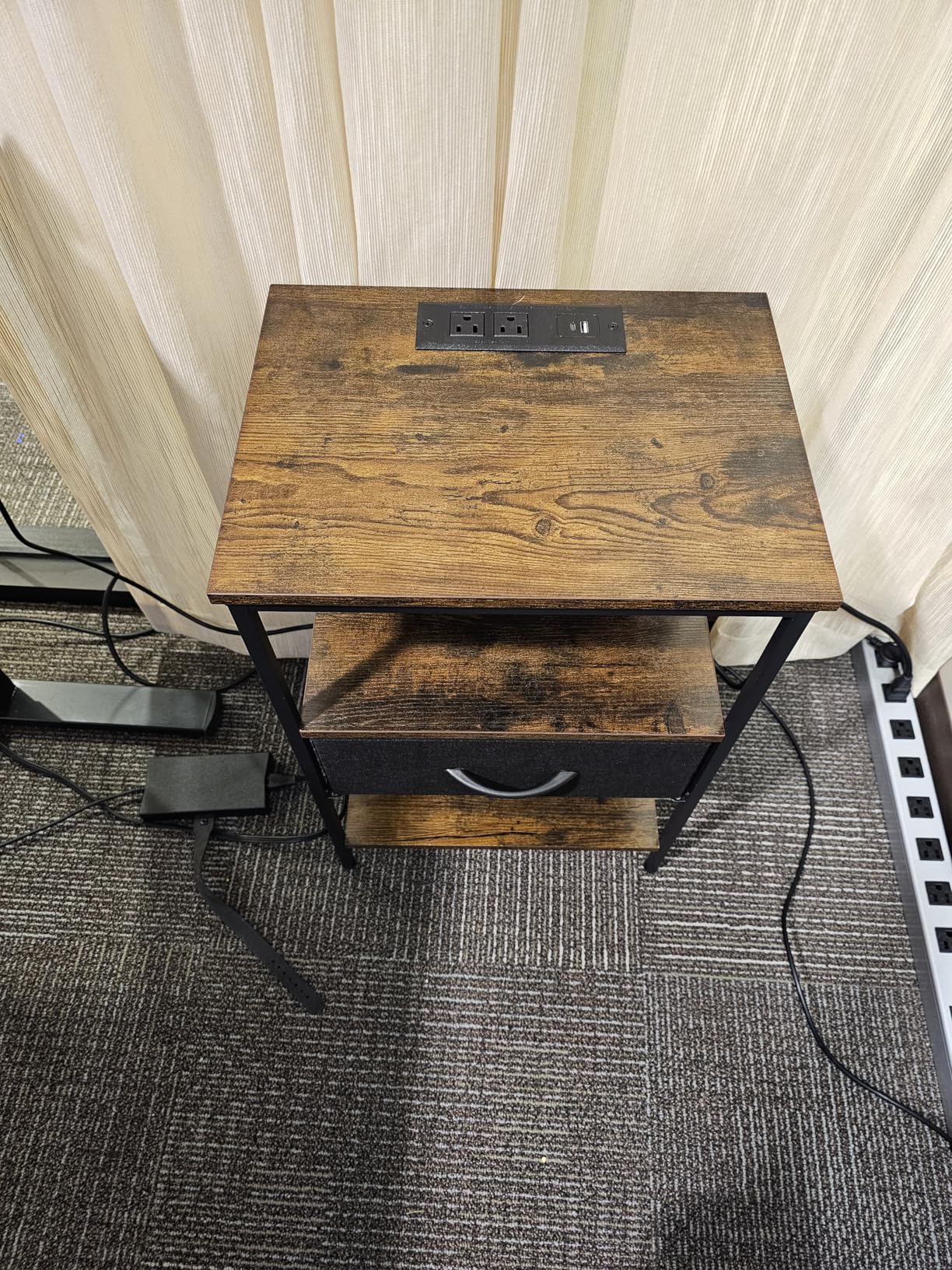 SUPERJARE Nightstand with Charging Station, USB-C Port, Bedside Table | Night Stand for Bedroom, with Adjustable Fabric Drawer, 3-Tier Storage End Table, for Living Room, Rustic Brown & Black customer photo 1
