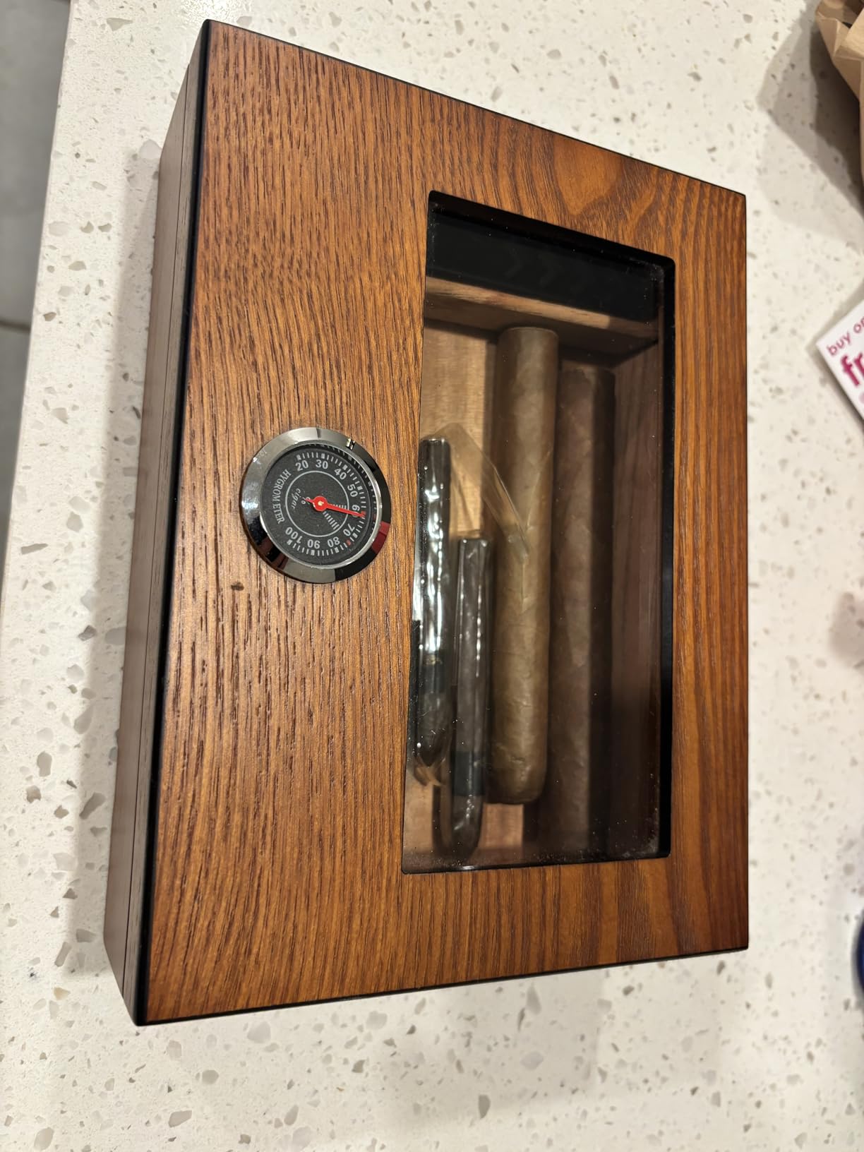 TISFA Cigar Humidor, Glass Top Cigar Box with Hygrometer Humidifier and Divider, Desktop Cedar Wood Storage Case Holds 20-30 Cigars (Dark Brown) customer photo 1