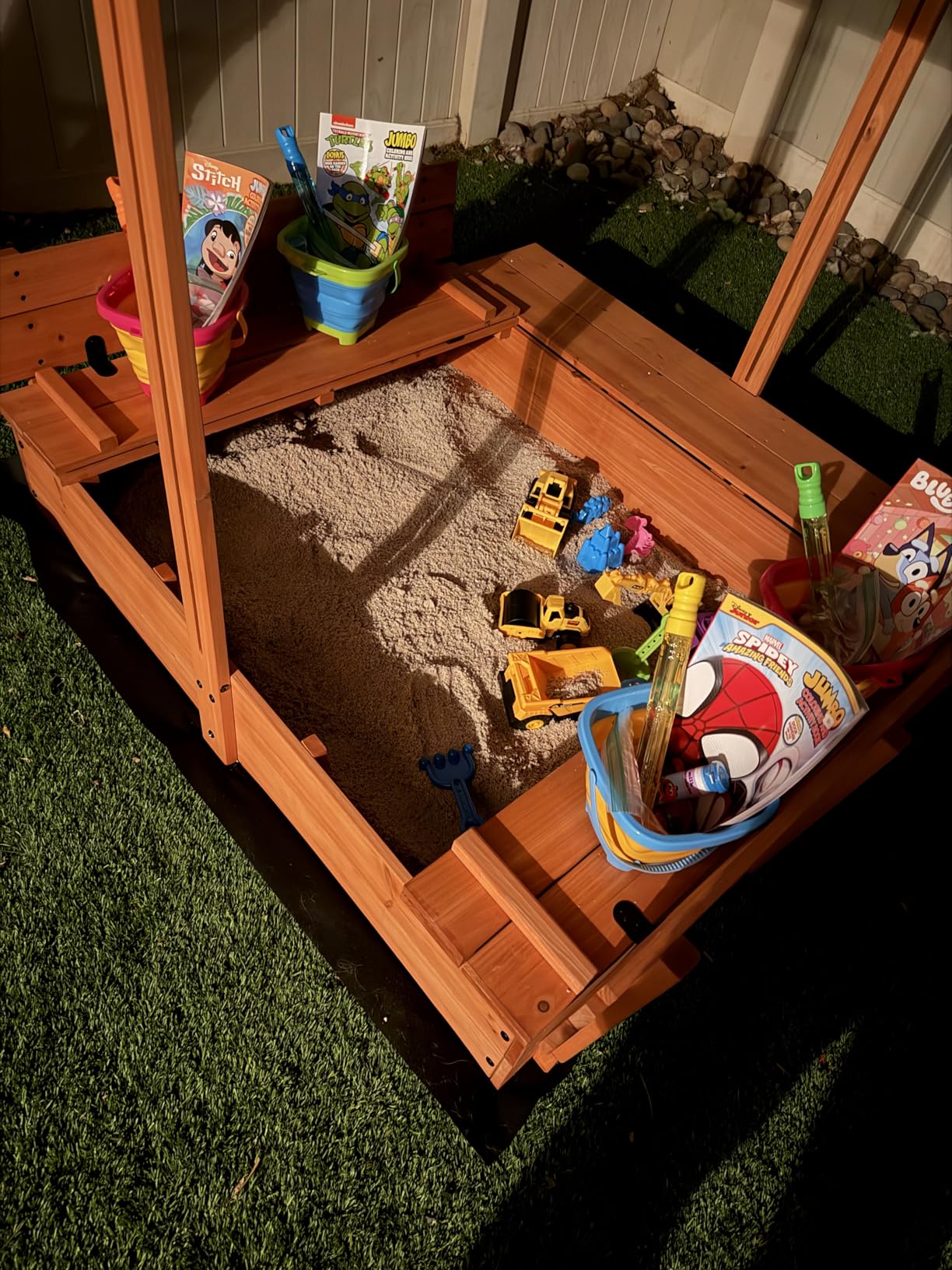 Kids' Outdoor Wooden Sandbox with Id,Sand Box with Toy Storage Box,Kids Play Equipment Sand Protection Bottom Liner Included 47X47in. customer photo 2