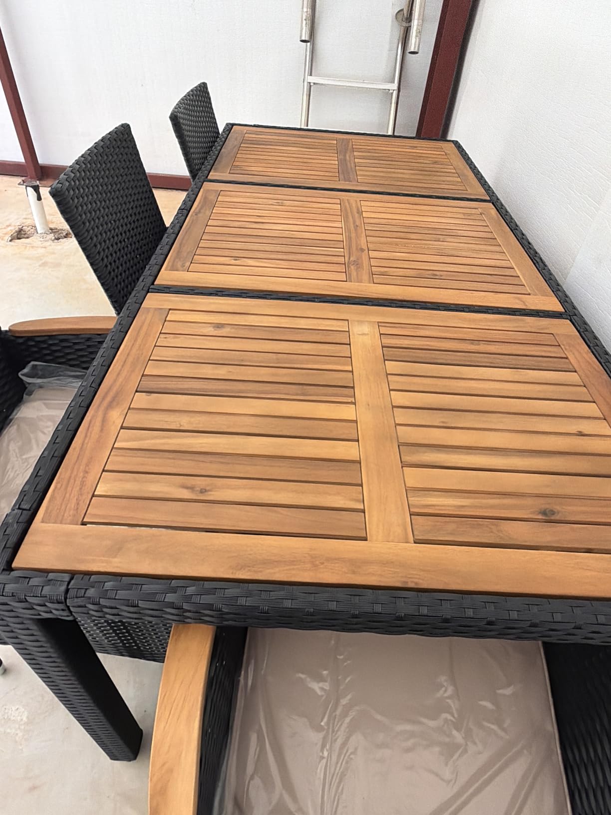 Devoko Outdoor Patio Dining Sets 9 Pieces Wicker Outdoor Dining Table and Chairs Set with Acacia Wood Table Top and Widened Armrests for Backyard, Garden, Deck (Black) customer photo 2