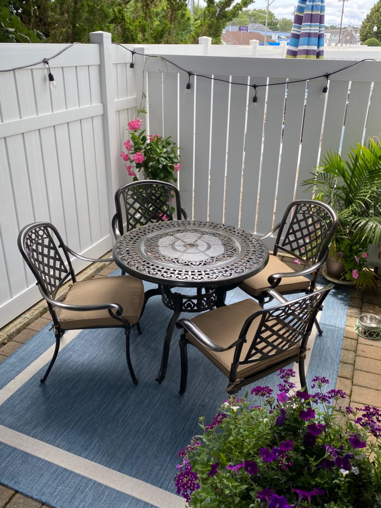 5-Piece Cast Aluminum Outdoor Patio Dining Set, All Weather Cast Aluminum Outdoor Furniture Dining Set for Patio, Balcony, Lawn, Garden, Backyard w/4 Chairs and Cushions, 2.0