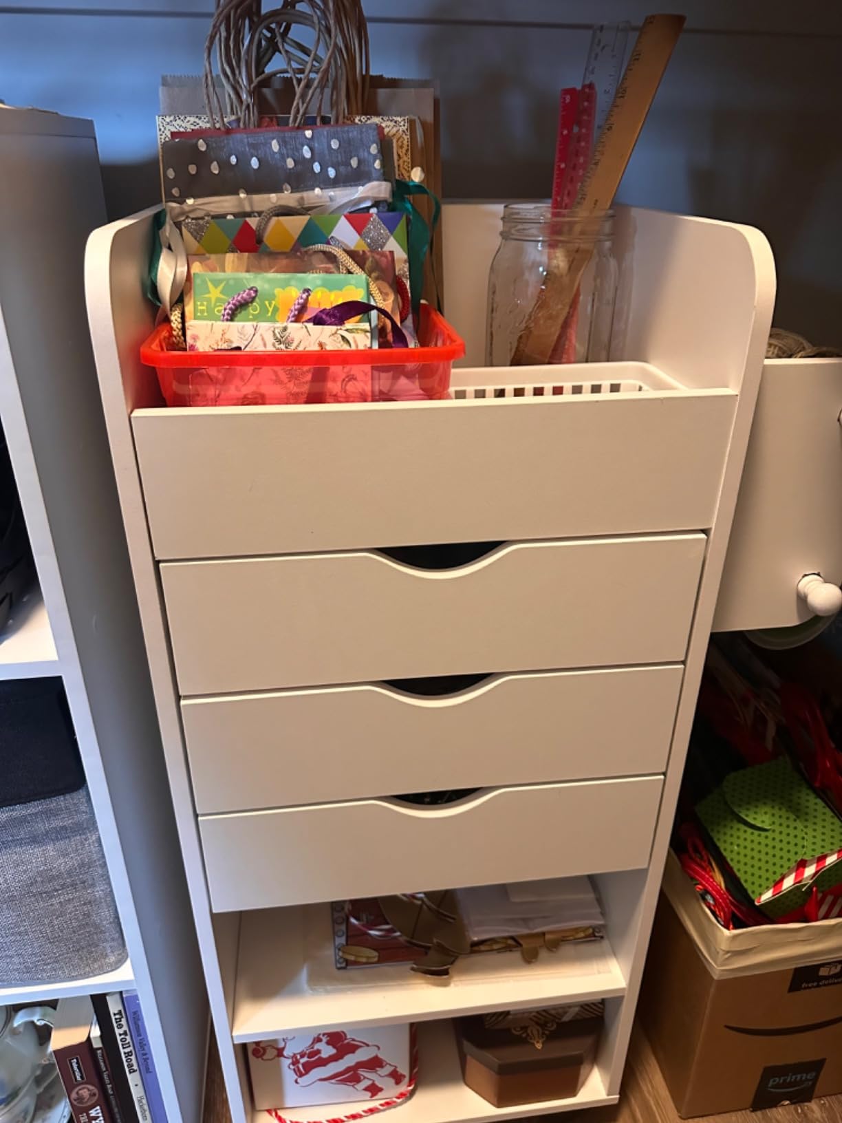 Giantex Craft Storage Cart - Utility Organizer Cart with 3 Drawers, 3 Shelves, 3 Slotted Compartments, 2 Rolling Rods, Crafting Sewing Cabinet on Wheels for Wrapping Paper Scrapbook Ribbon (White) customer photo 1