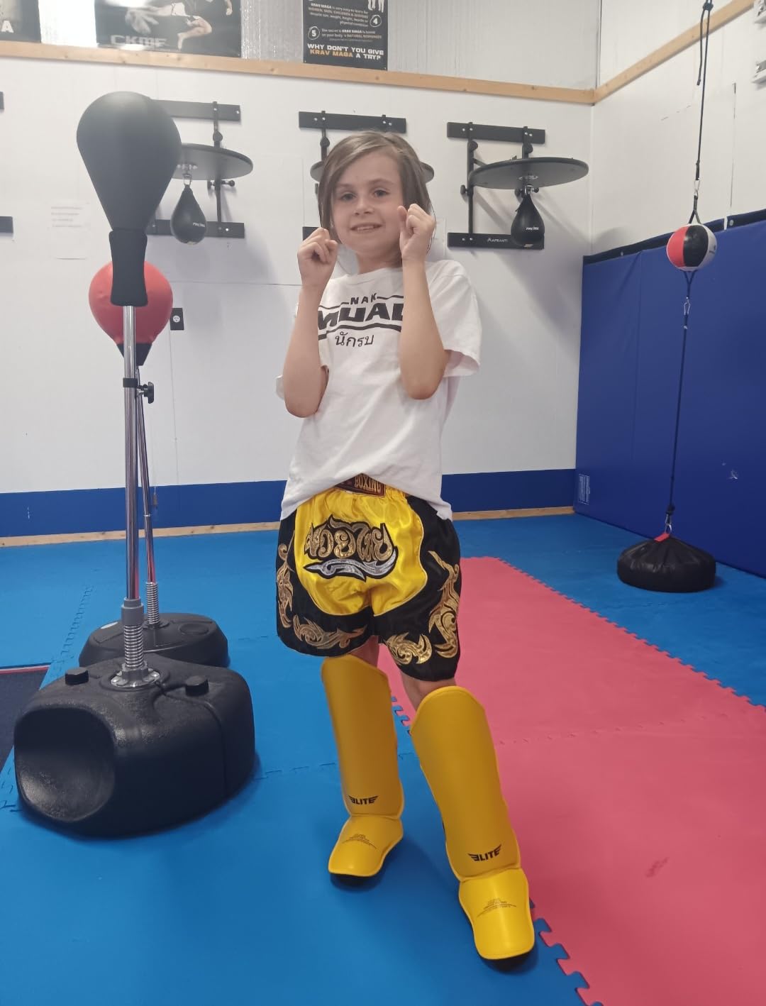 Elite Sports Muay Thai MMA Kickboxing Boys and Girls Shin Guards for Age 4 to 14 Years, Instep Guard Sparring Protective Leg Shin Kick Pads for Kids customer photo 1