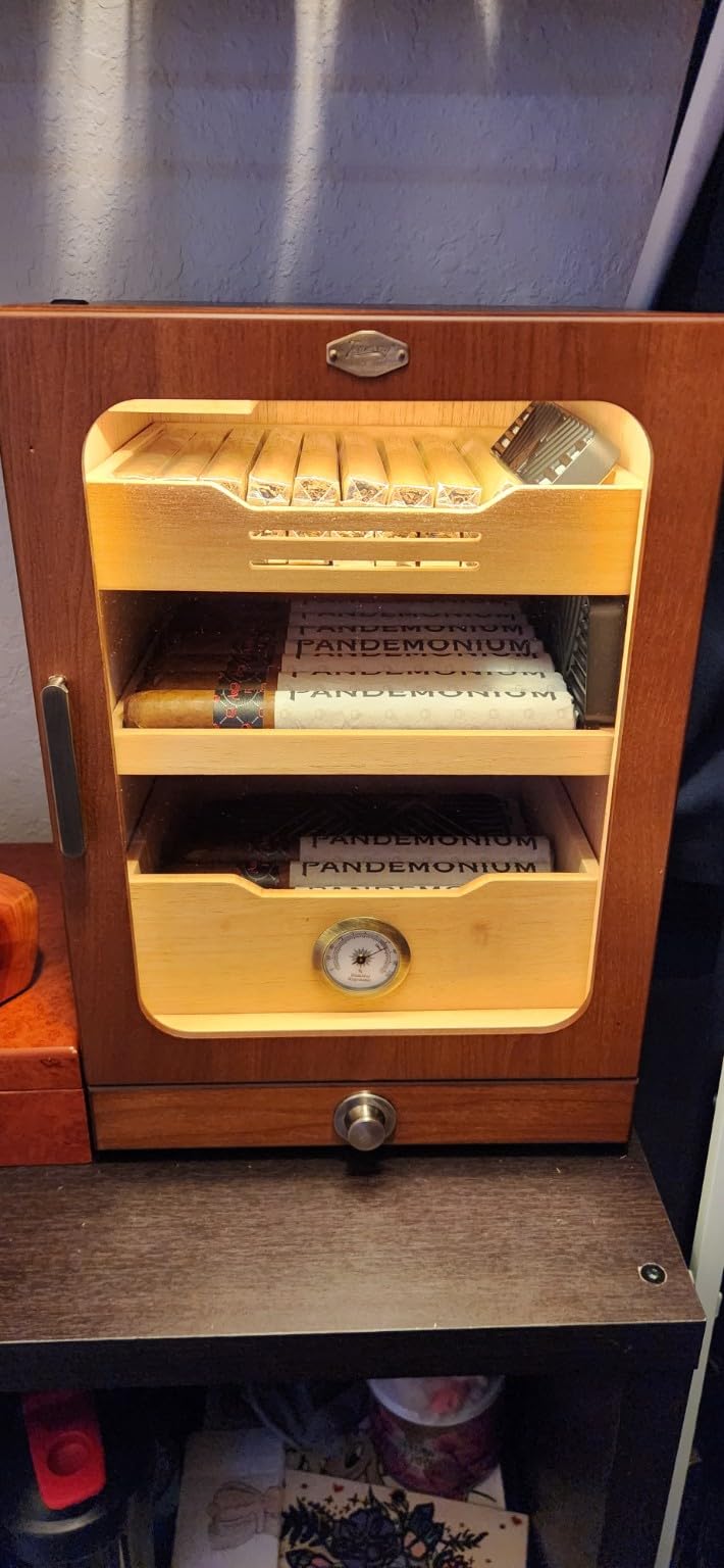 Tesonway Cigar Humidor, Desktop Cigar Humidor Cabinet Light Control System with Spanish Cedar Wood Shelves, Hygrometer, 3 Humidifiers and Cigar Accessories Drawer, Father's Day Gift for Men (Brown) customer photo 2