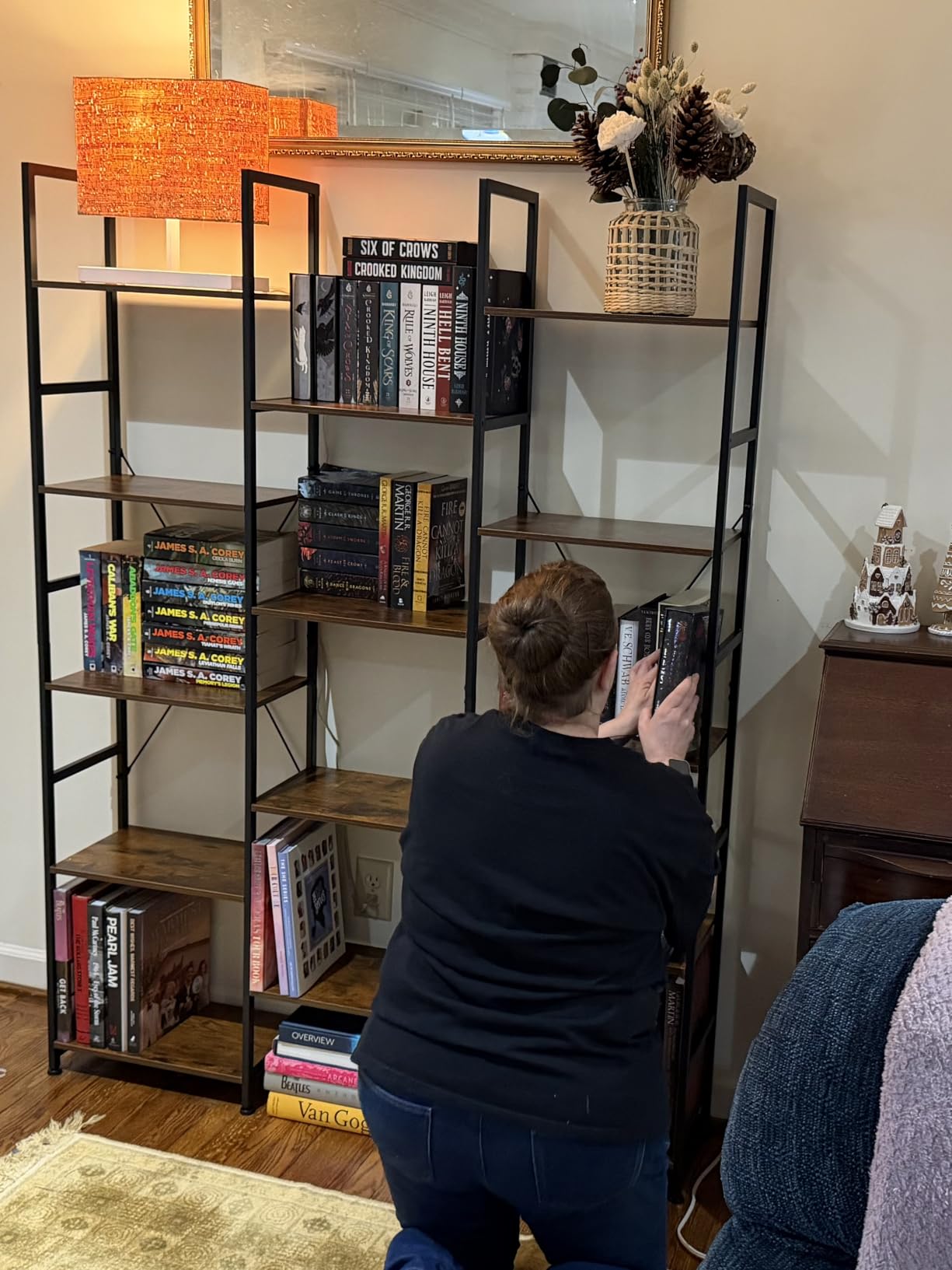 NUMENN Triple Column 5 Tier Bookshelf with 14 Adjustable Shelves, Metal Frame & Wood Shelves, Open Freestanding Storage Unit customer photo 2