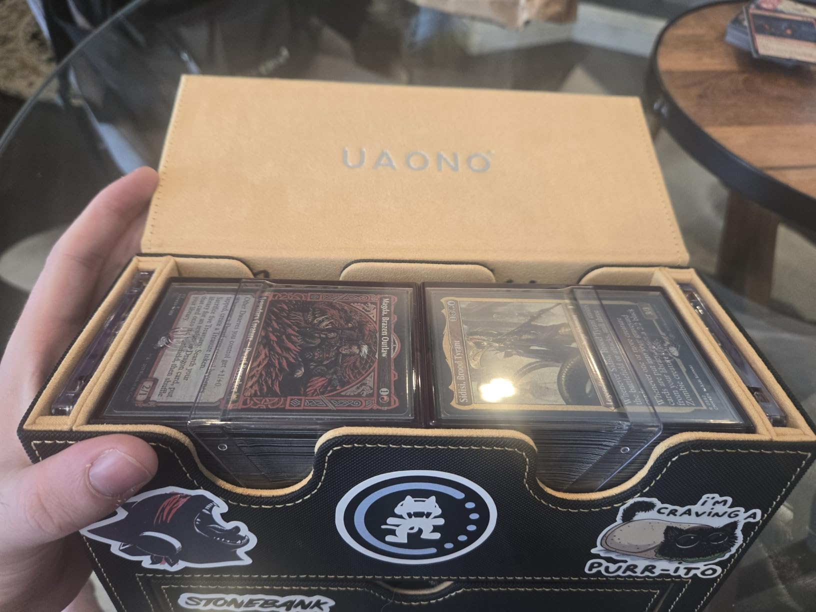 UAONO MTG Commander Deck Box, 3-in-1 Magnetic Card Box with 2 Top Loaders Display & 1 Dice Tray, Fits 200 Double Sleeved customer photo 1