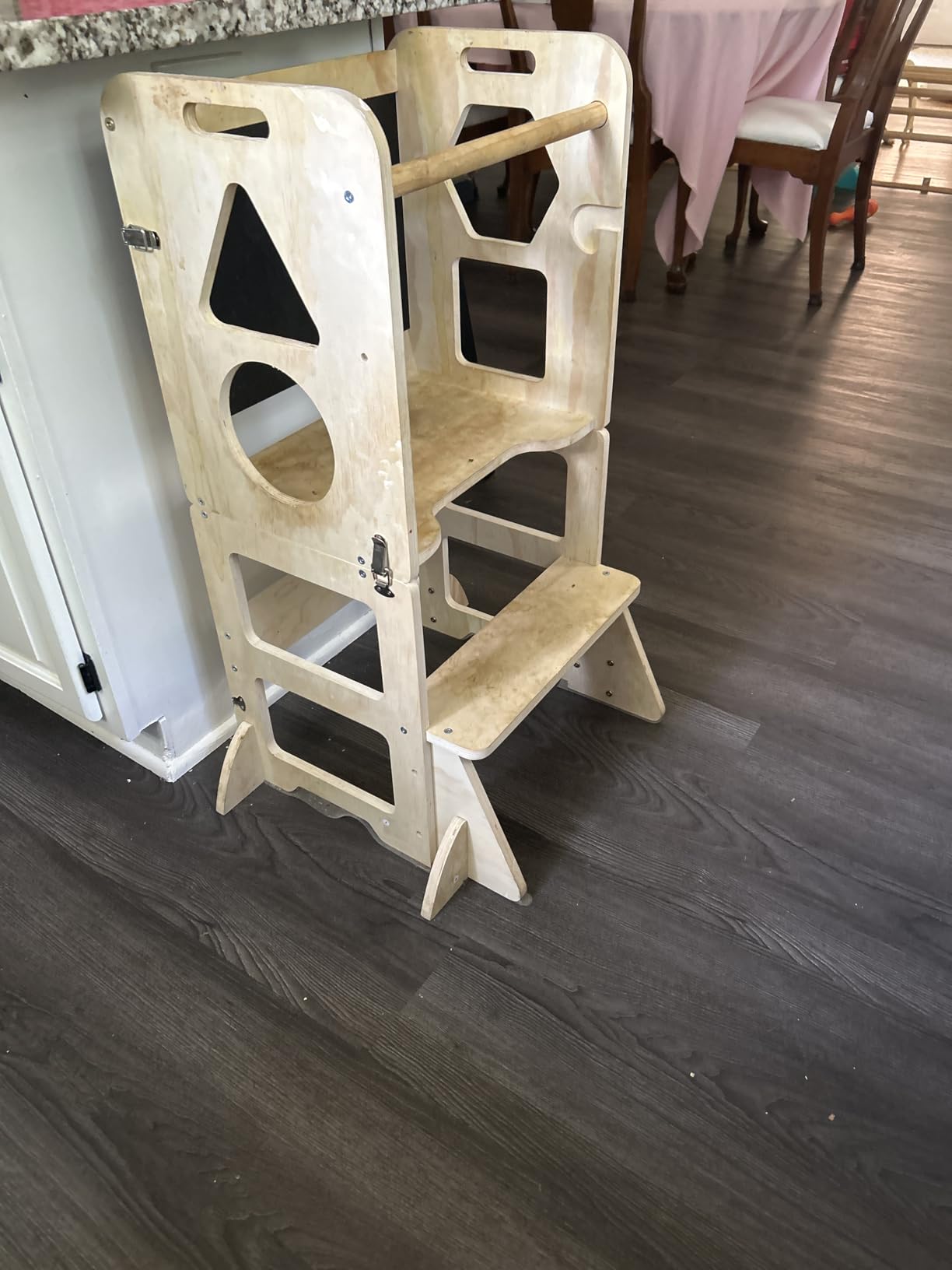 Woodure 4-in-1 Toddler Kitchen Step Stool, Foldable Learning Standing Tower with Blackboard, Wooden Kitchen Stool Helper for Kids, 1-3 Year Old Boy Girl Gifts customer photo 1