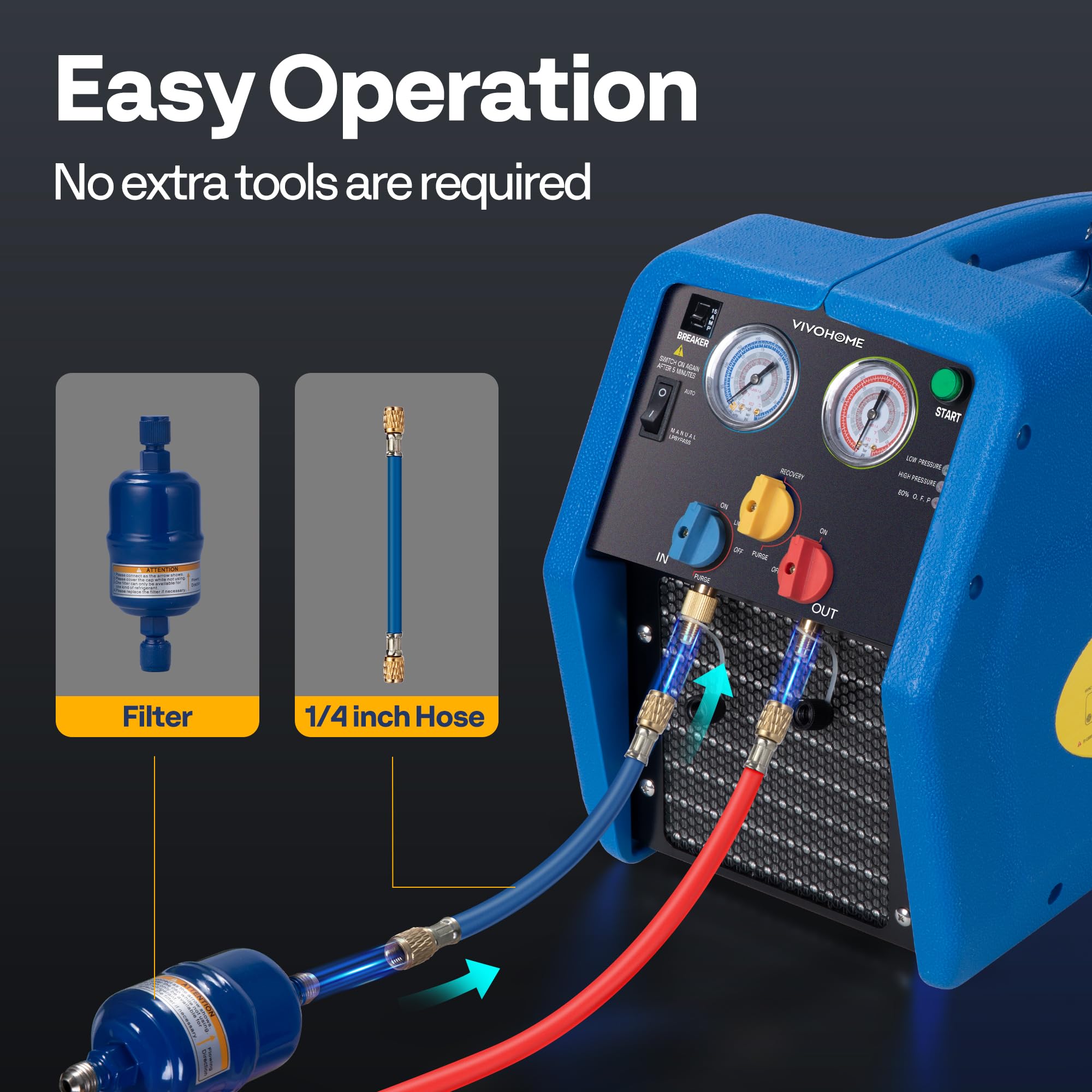 VIVOHOME R1234yf R32 R454B 3/4 HP Portable Refrigerant Recovery Machine Oil-Less, Freon Recycling Unit HVAC for Vapor Liquid Refrigerant, Car Air Conditioning customer photo 2