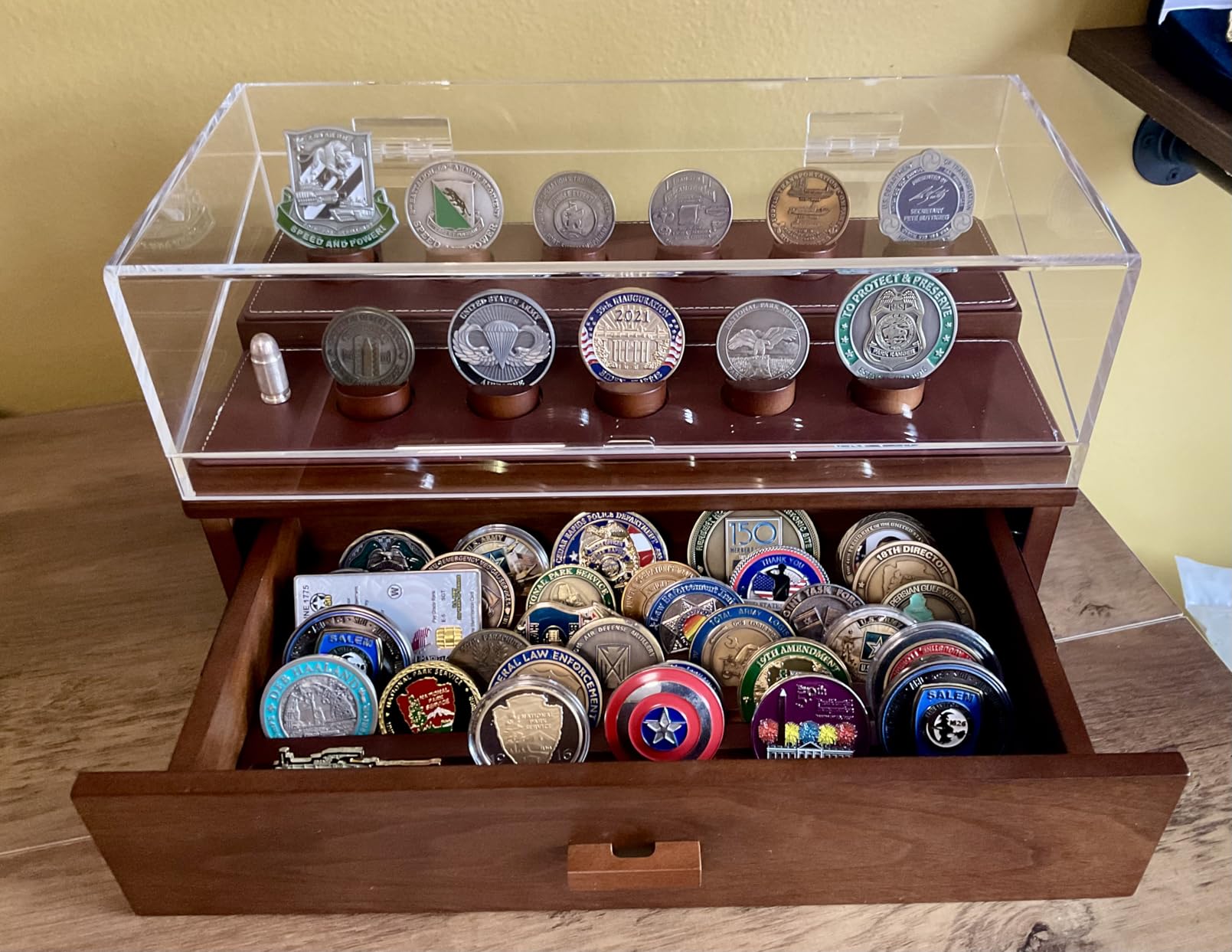 Premium Challenge Coin Display Case for 50 Coins - Large Wooden Challenge Coin Holder & Organizer, 360 Degree Views, Removable Tray, Drawer - Coin Display - Handcrafted EDC & Military Father's Day Present customer photo 1
