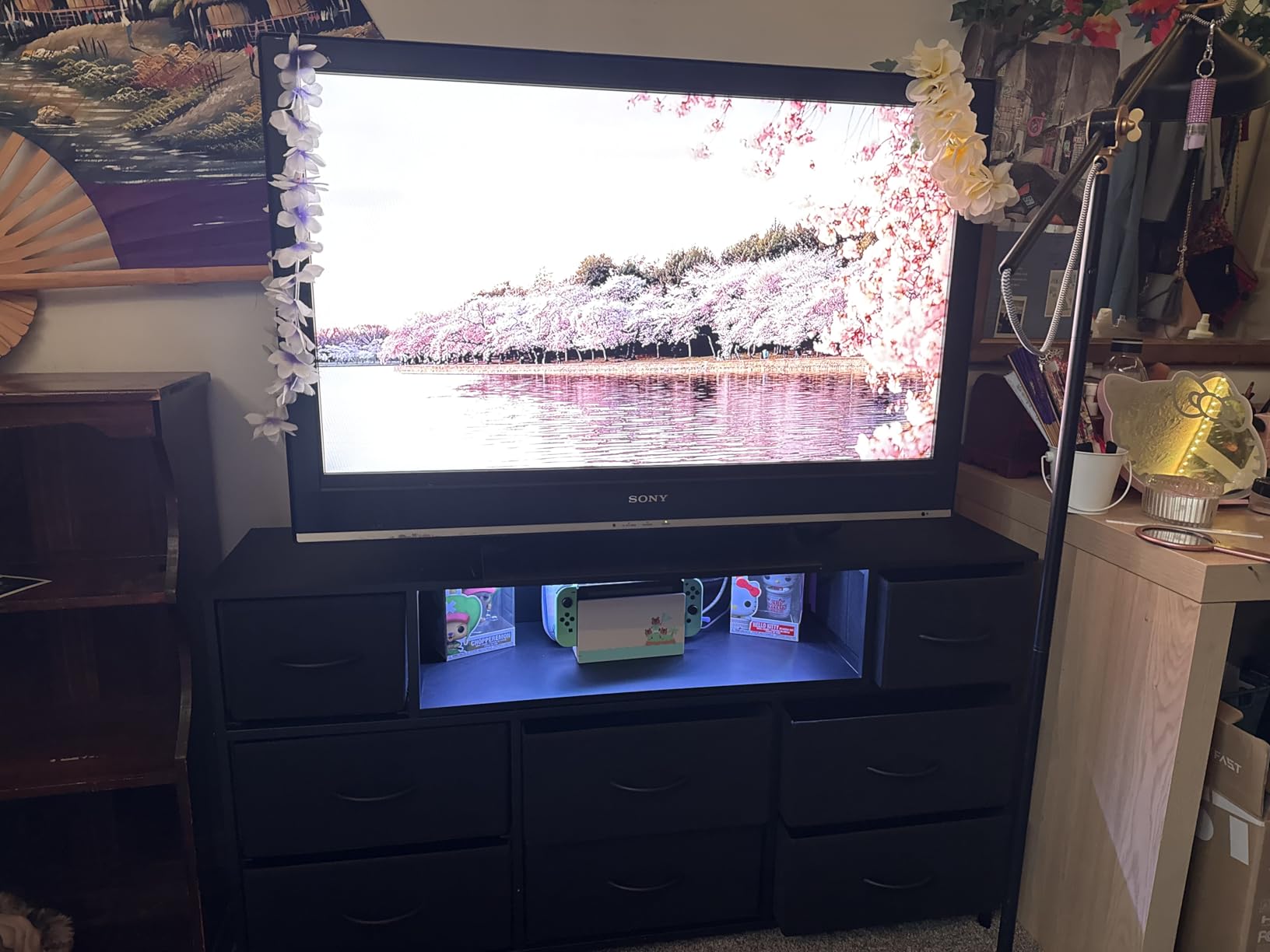 WLIVE Dresser TV Stand for 45, 50, 55 inch TV, Entertainment Center with LED Lights & Charging Station, Chest of Drawers with 8 Fabric Drawers and Open Shelves for Living Room, Hallway, Rustic Brown customer photo 1