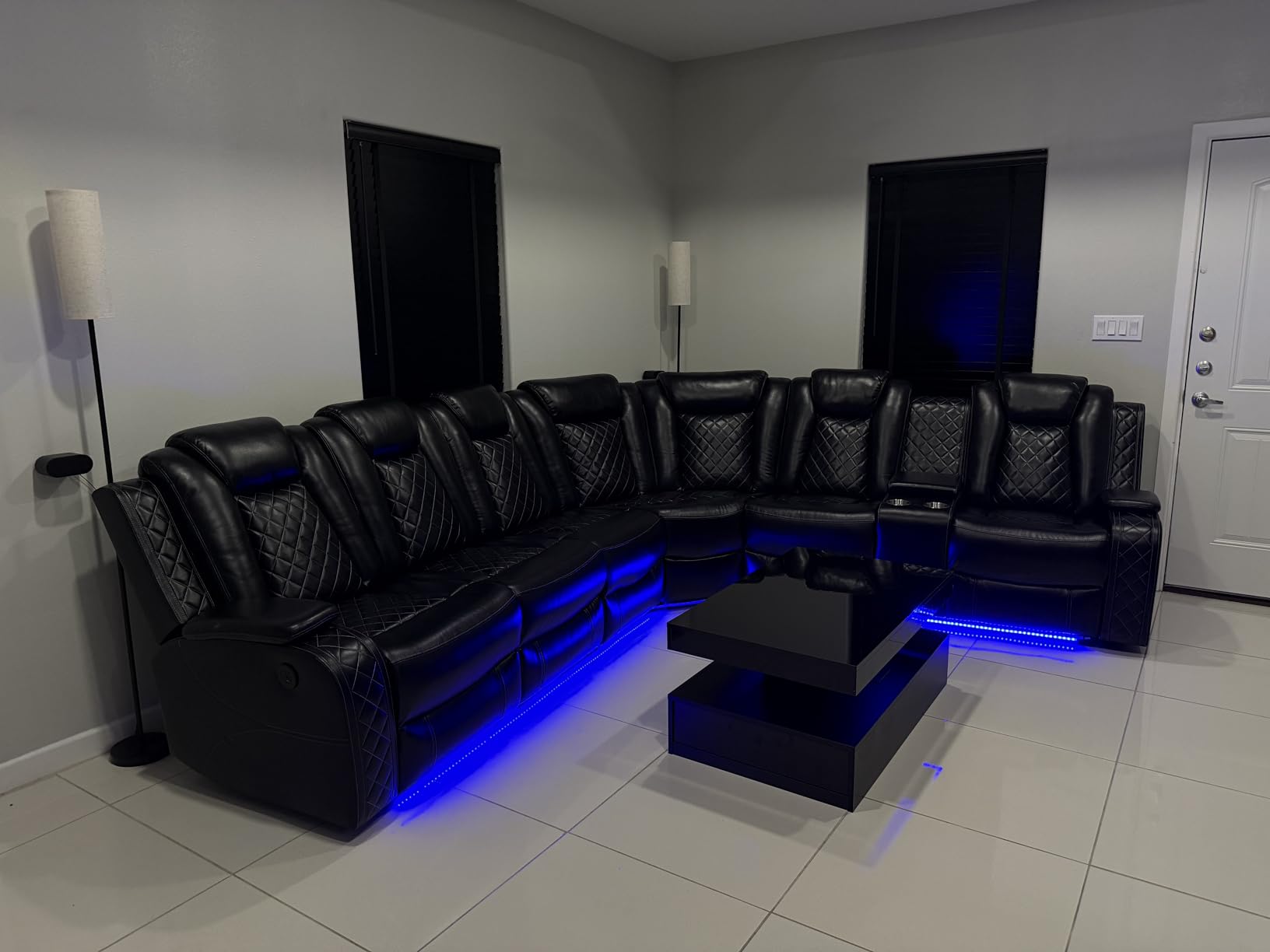 Power Recliner Sofa Sectional Couch with LED Light for Living Room, Leather Reclining Corner Sectional Sofa with 2 Recliner Seats, Cup Holder, Storage Console for House/Home Theater, Black customer photo 1