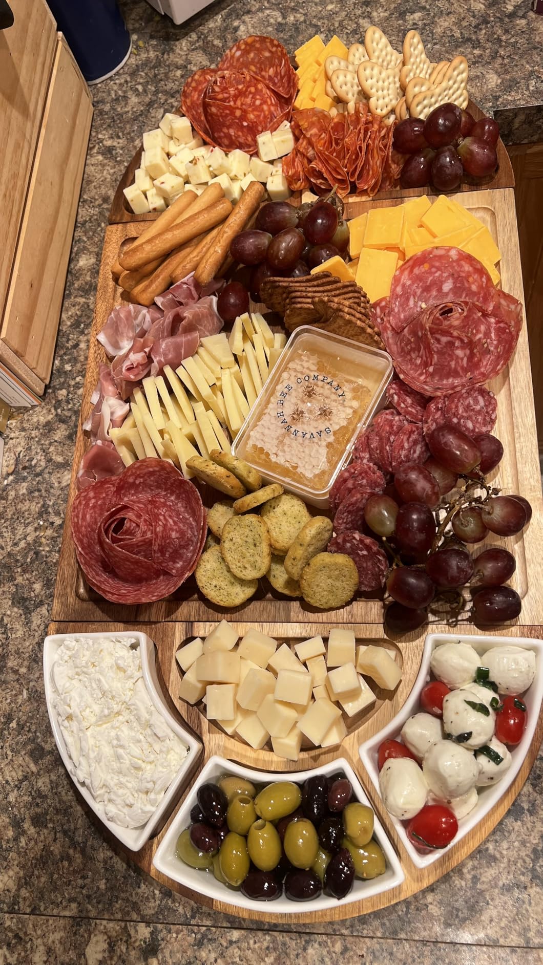 Large Wooden Charcuterie Board Set (Oil Finish) - 3-Piece Magnetic Long Serving Board Tray with Charcuterie Accessories - Acacia Wood Cheese Platter with Cheese Knife Set & Ceramic Dishes - Brown customer photo 1