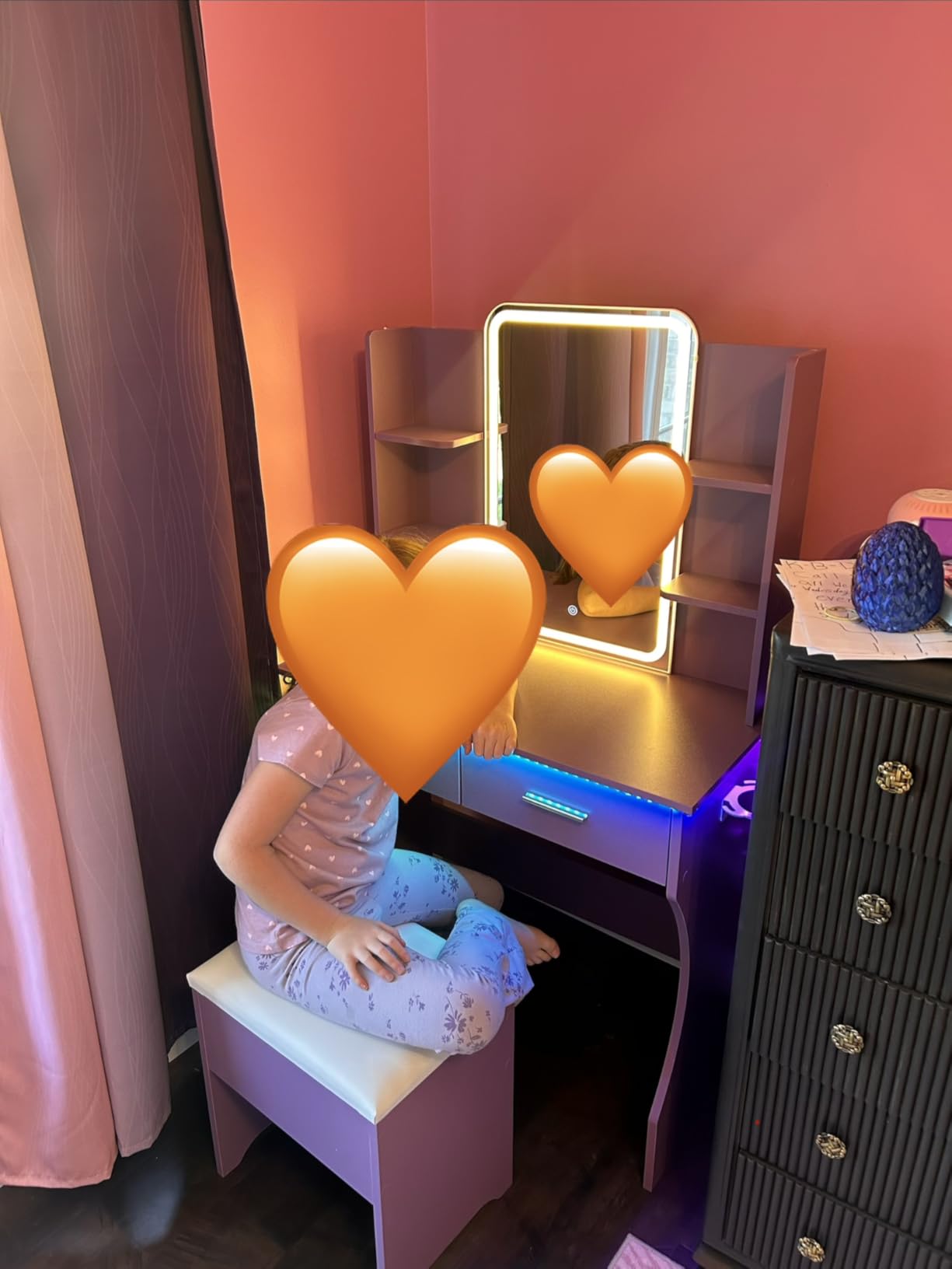 Vanity Desk with LED Lights Mirror & Power Outlet, Small Makeup Vanity Table Set with Storage Drawers & Chair, 3 Lighting Modes & Adjustable Brightness, White customer photo 2