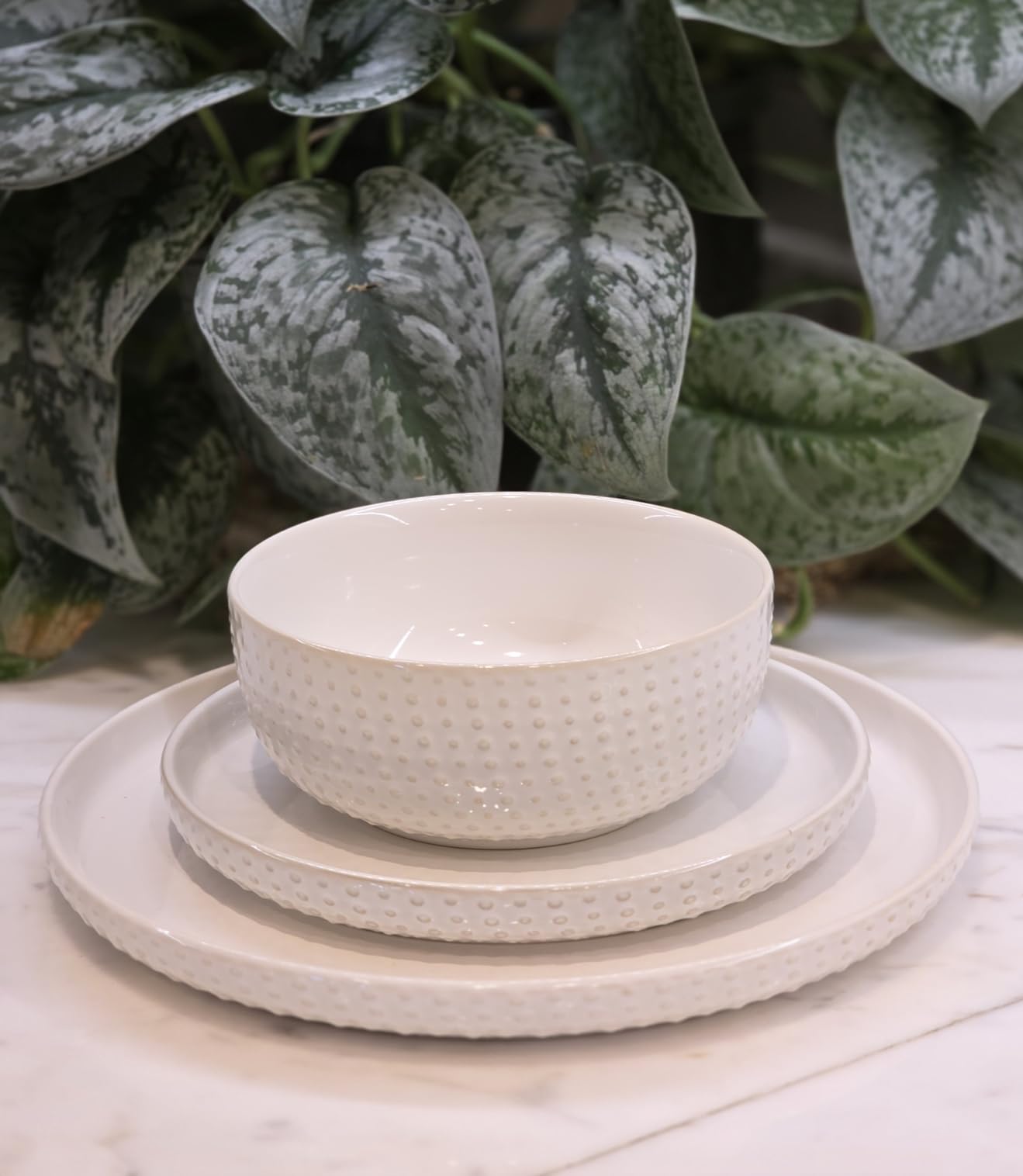 Stoneware Dinnerware Sets Service for 4, 12 pcs Reactive Glaze Plates and Bowls Sets, Embossed Boho Ceramic Dish Set, Highly Chip and Crack Resistant Farmhouse Plate Set, Ivory White customer photo 1